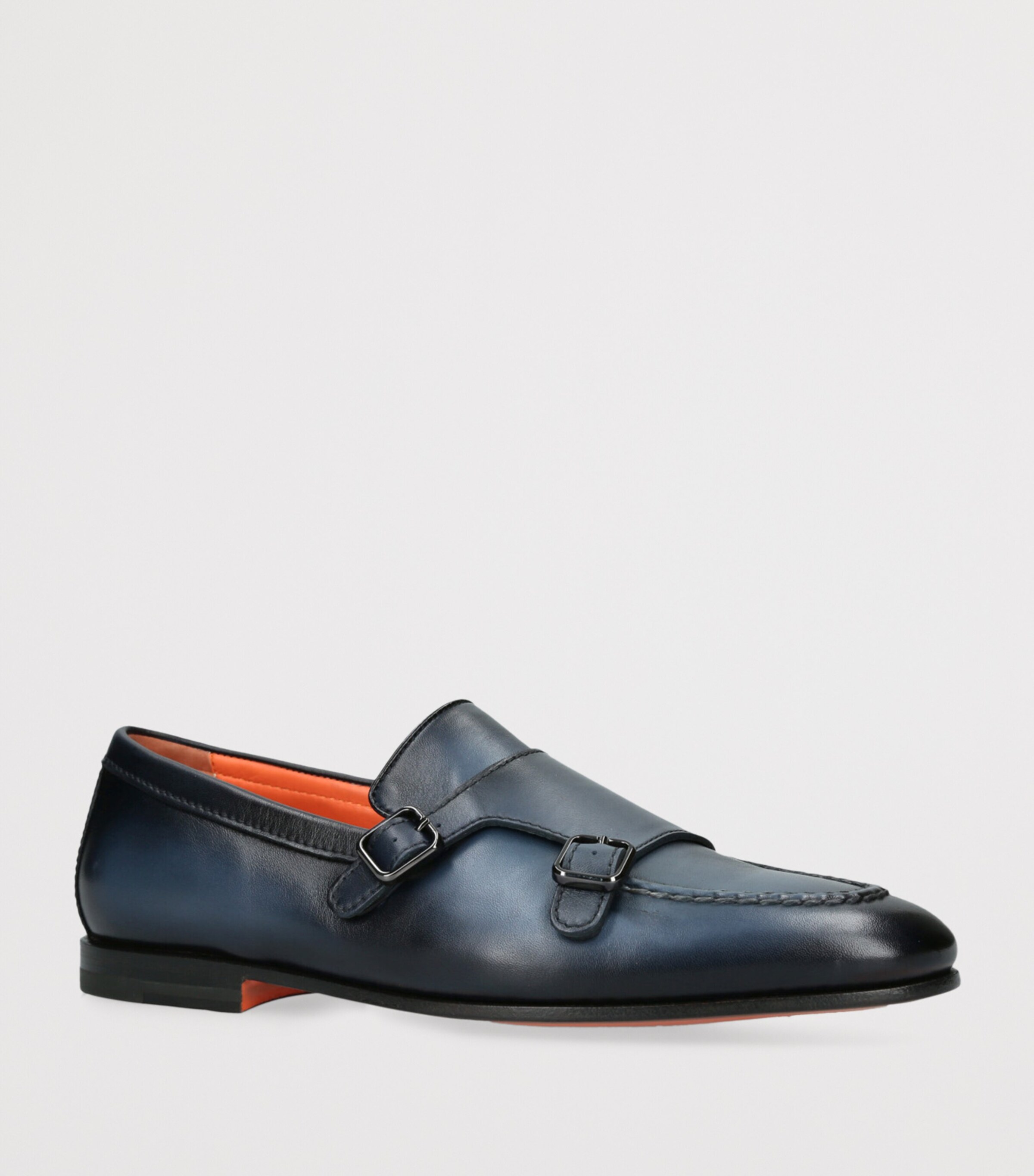 Santoni Leather Carlos Double-Strap Monk Shoes Navy Image 3