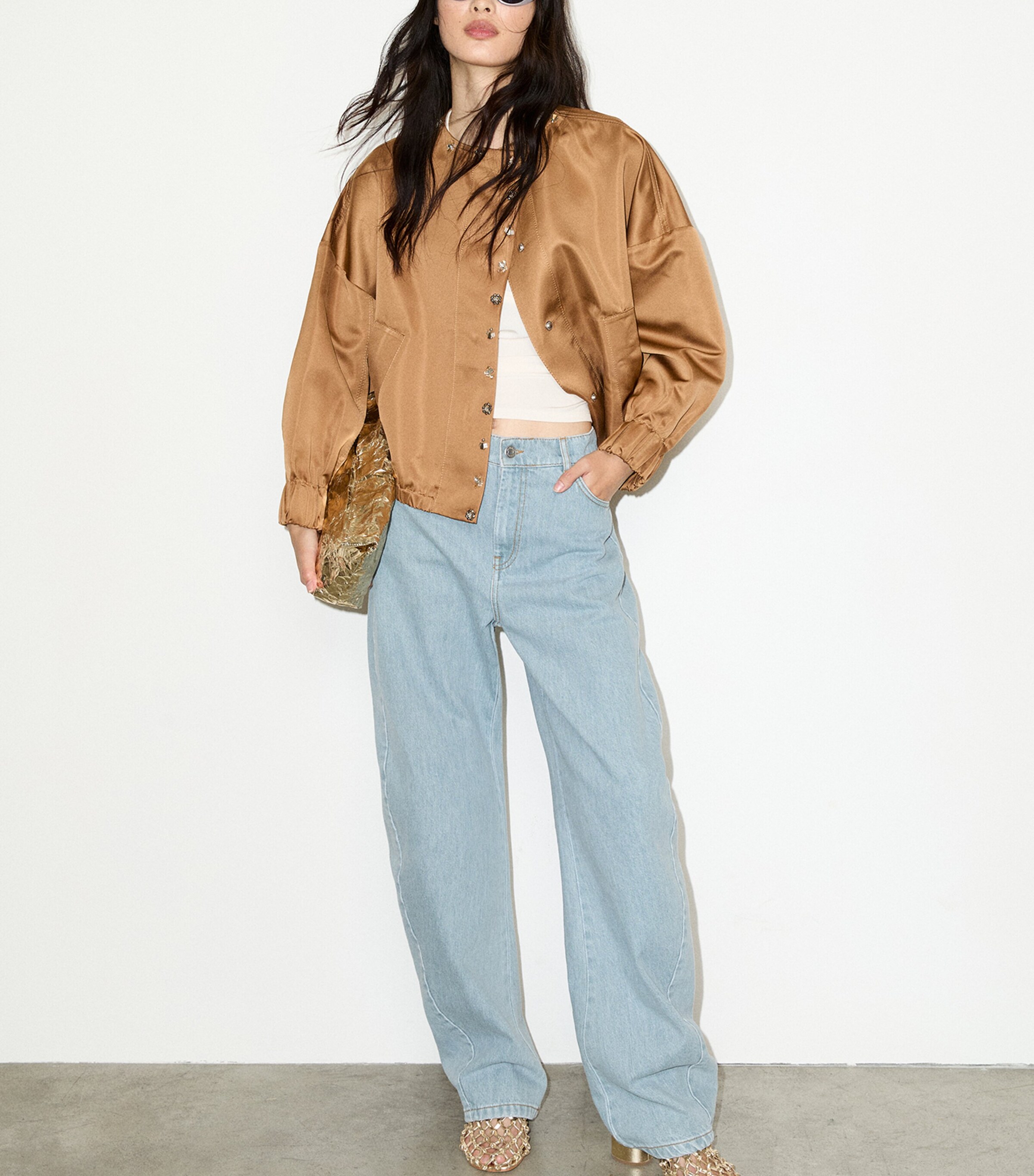 MAX&Co. Womens Satin Bomber Jacket Beige Image 5