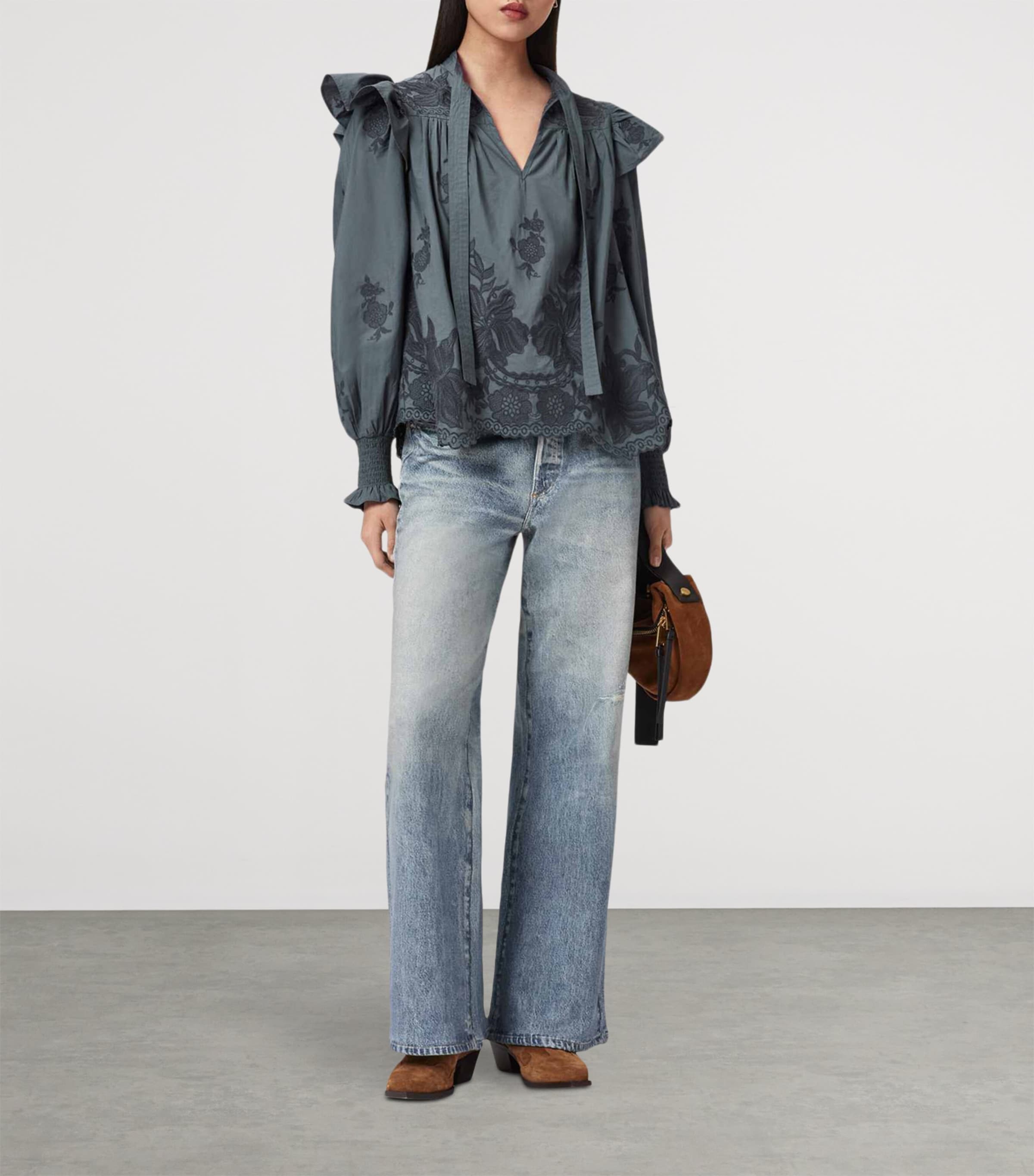 AllSaints Womens Cotton Nisa Embroidered Blouse Steel Blue Image 6