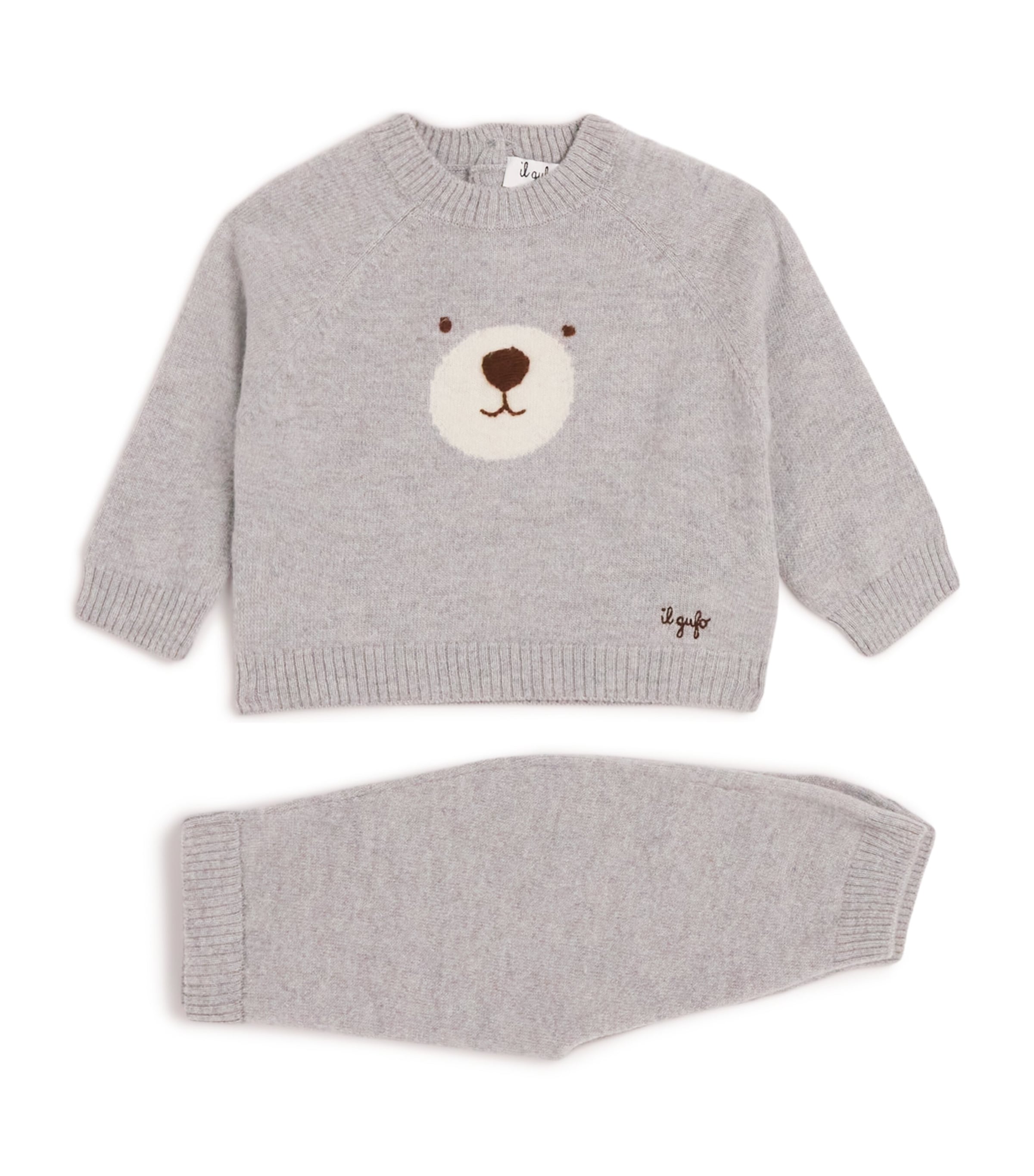 Il Gufo Wool Bear Sweater And Sweatpants Set In Gray