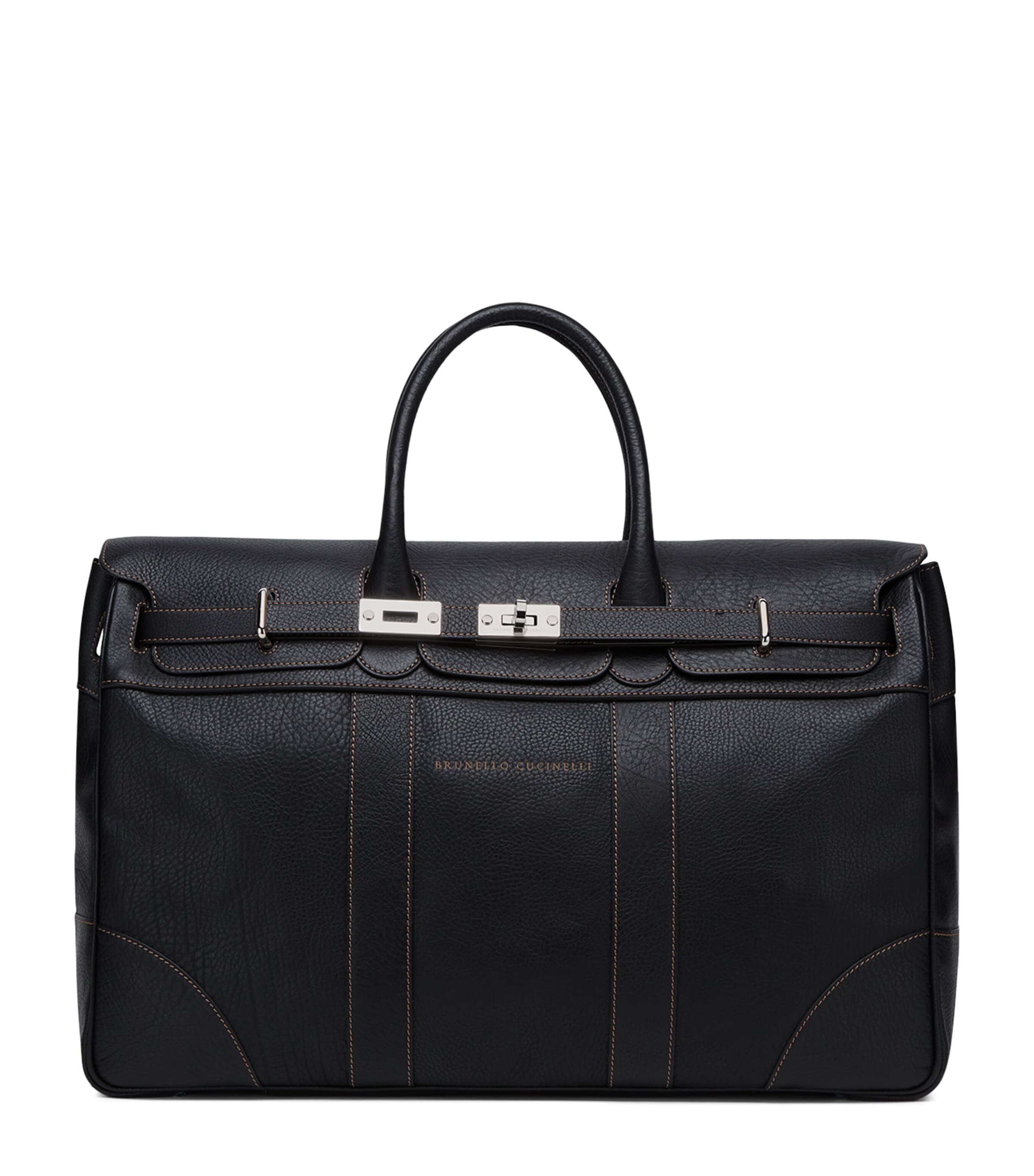 Brunello Cucinelli Grained Calfskin Top-handle Holdall In Black