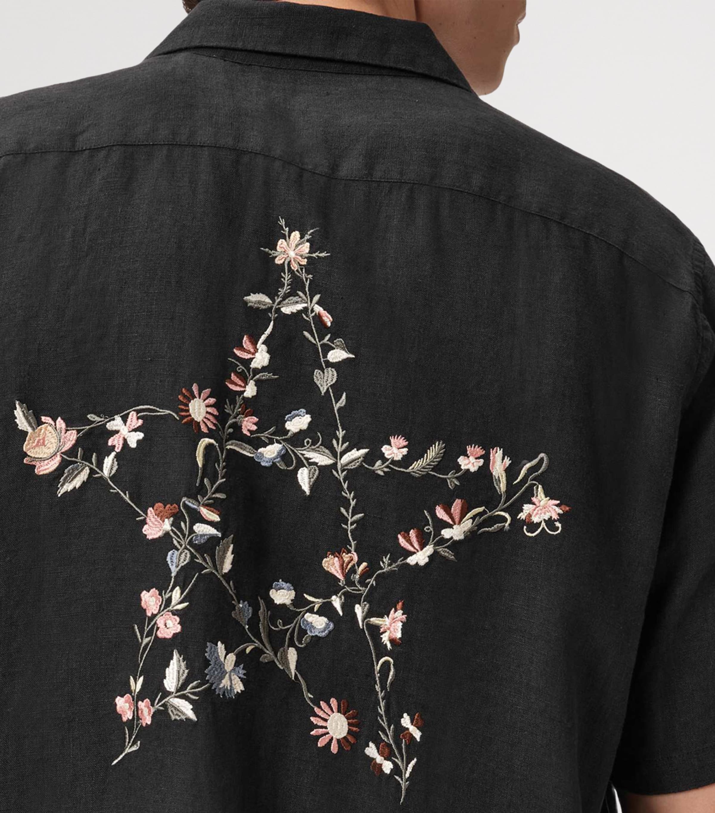 AllSaints Mens Linen Embroidered Wilder Shirt Black Image 6