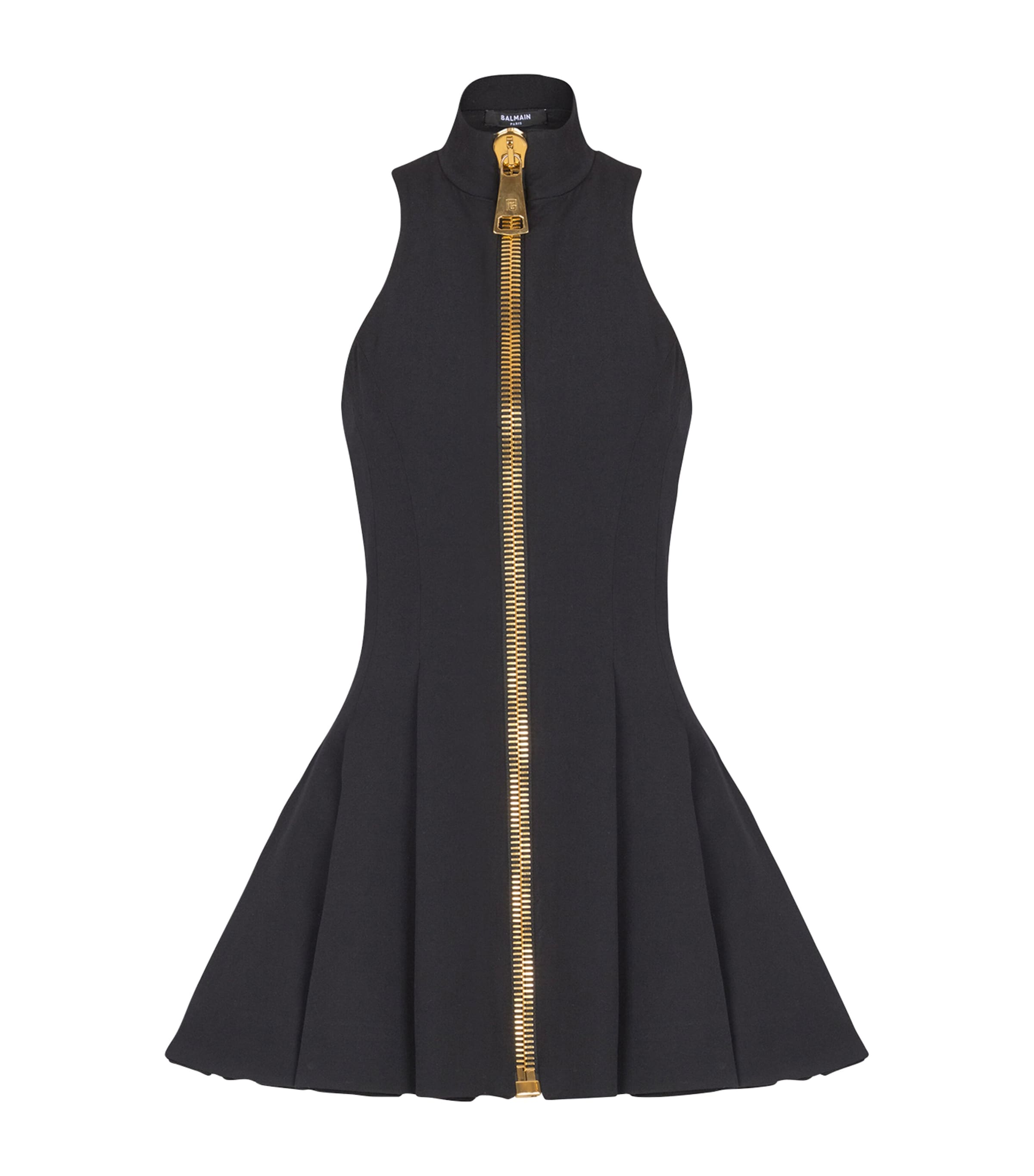 Balmain Zip-detailed Pleated Grain De Poudre Wool Mini Dress In Black