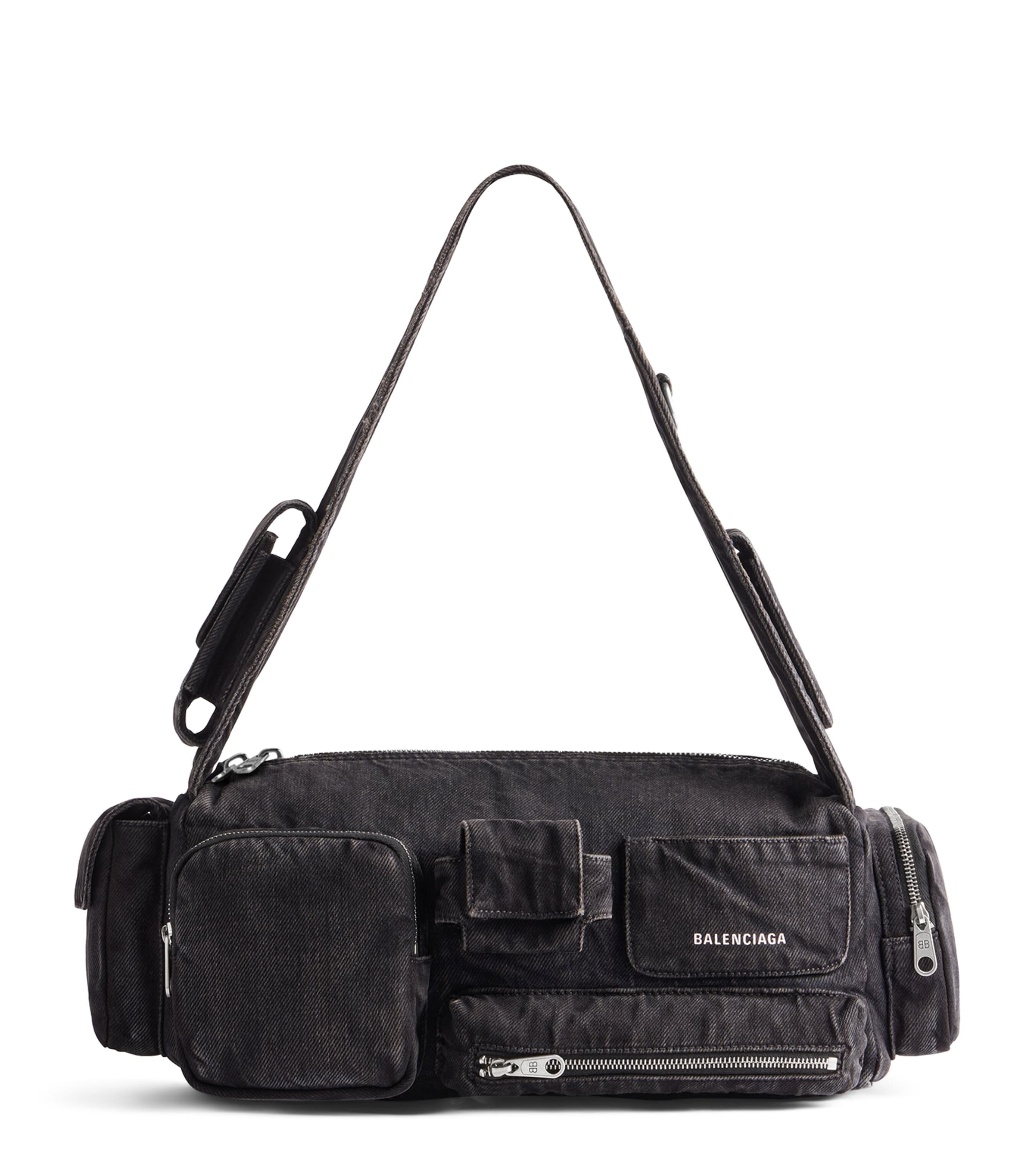 Shop Balenciaga Demin Superbusy Sling Bag In Black