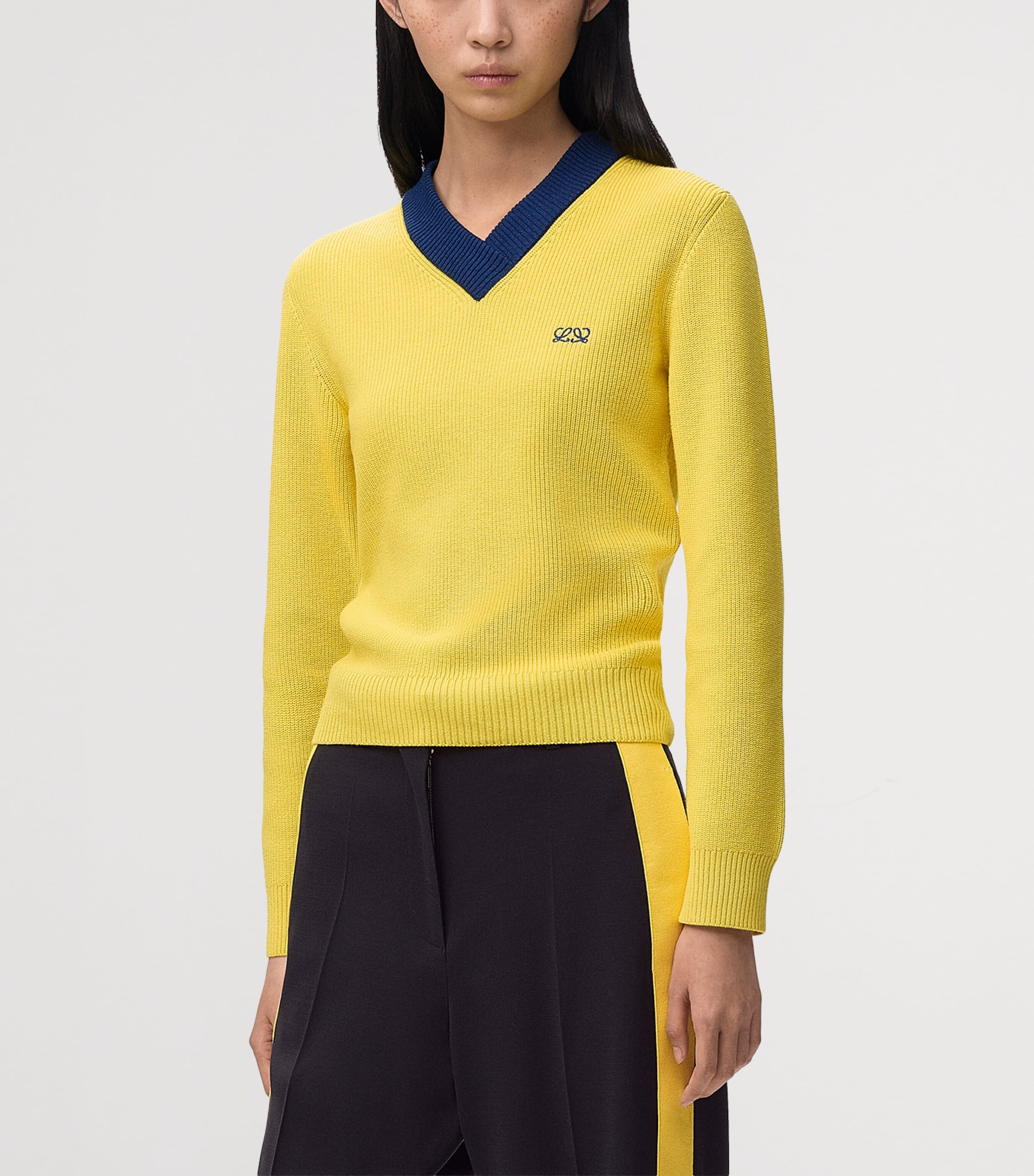 LOEWE Womens Cotton-Wool V-Neck Sweater Yellow/blue Image 3