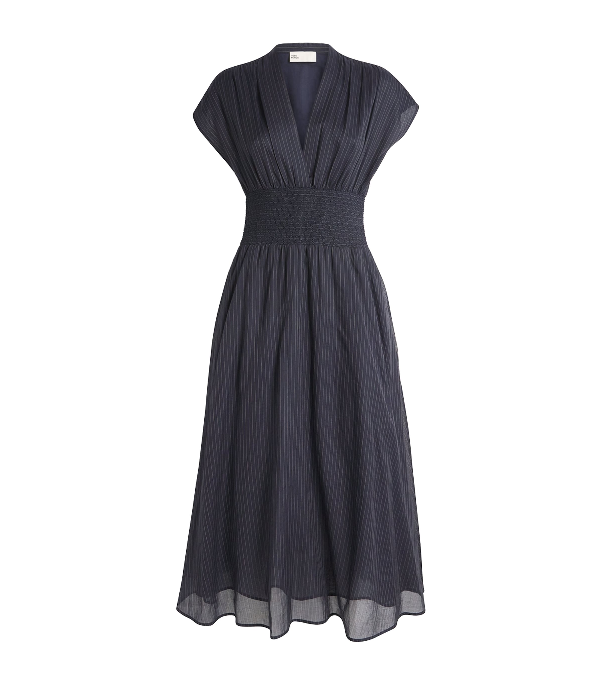 Tory Burch Cotton Stripe Shirred-waist Midi Dress In Blue