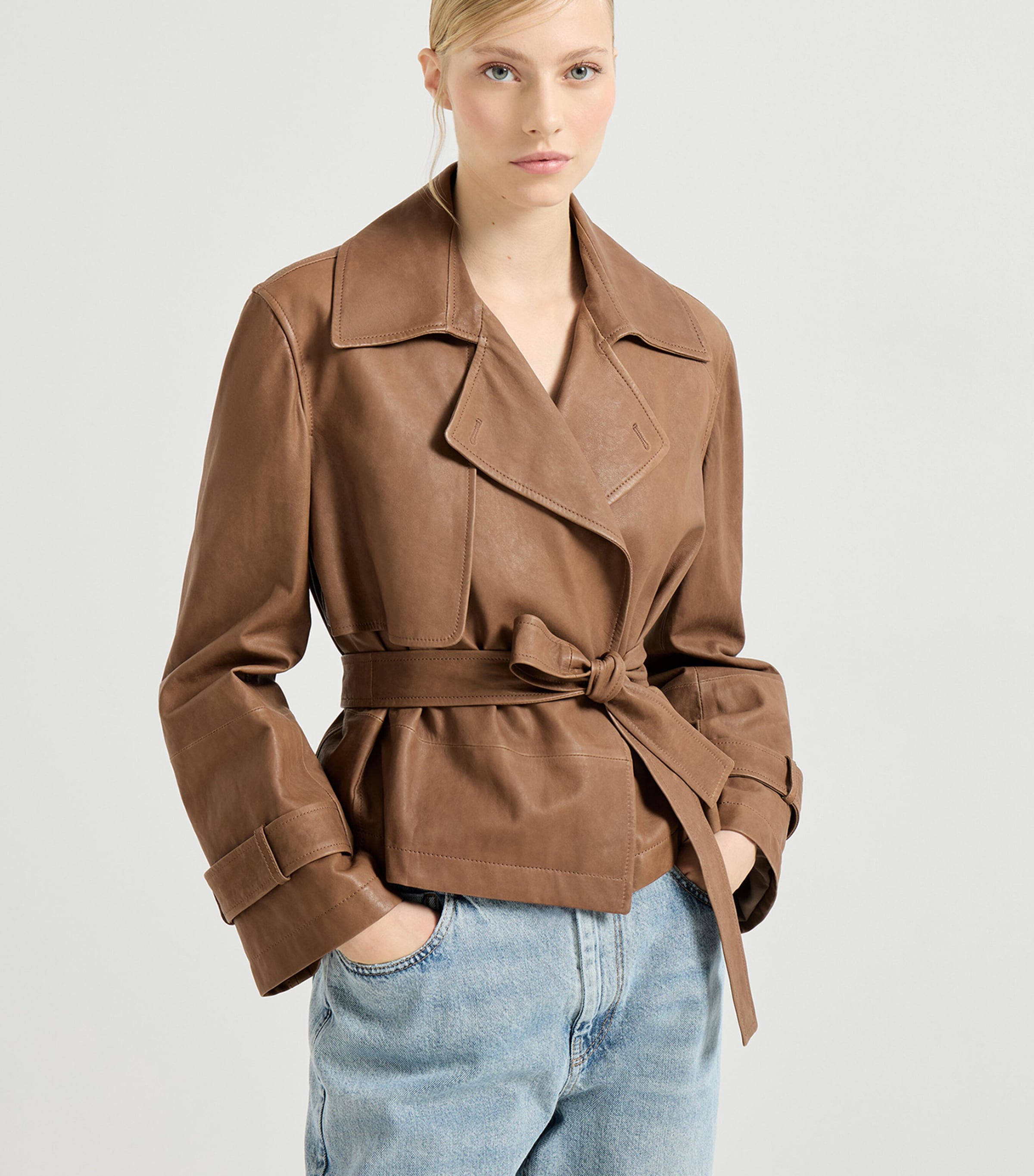 Brunello Cucinelli Womens Nappa Leather Cropped Trench Coat Image 3