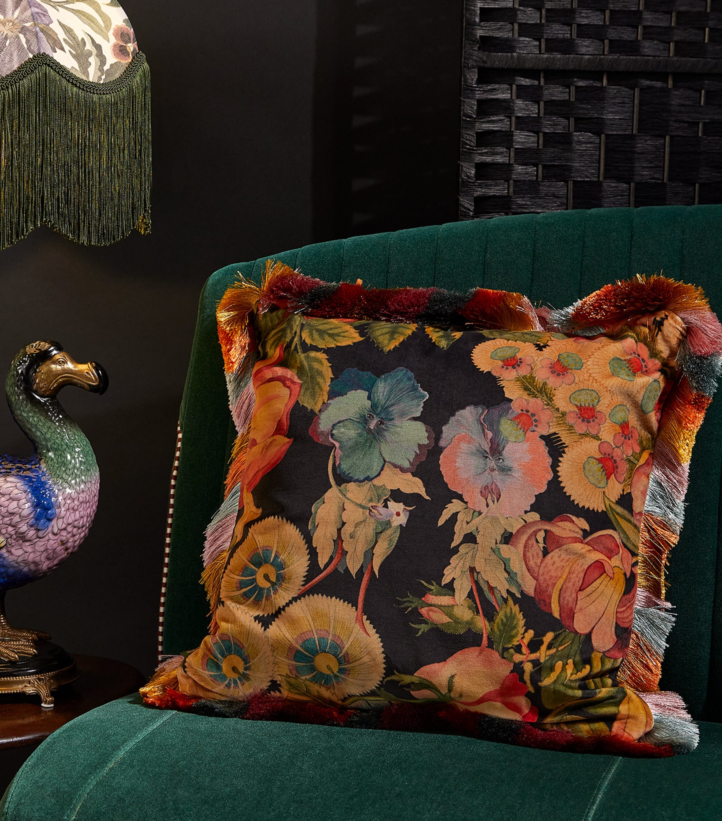 Medium Velvet Amatoria Fringed Cushion (45cm x 45cm) NOIR Image 2