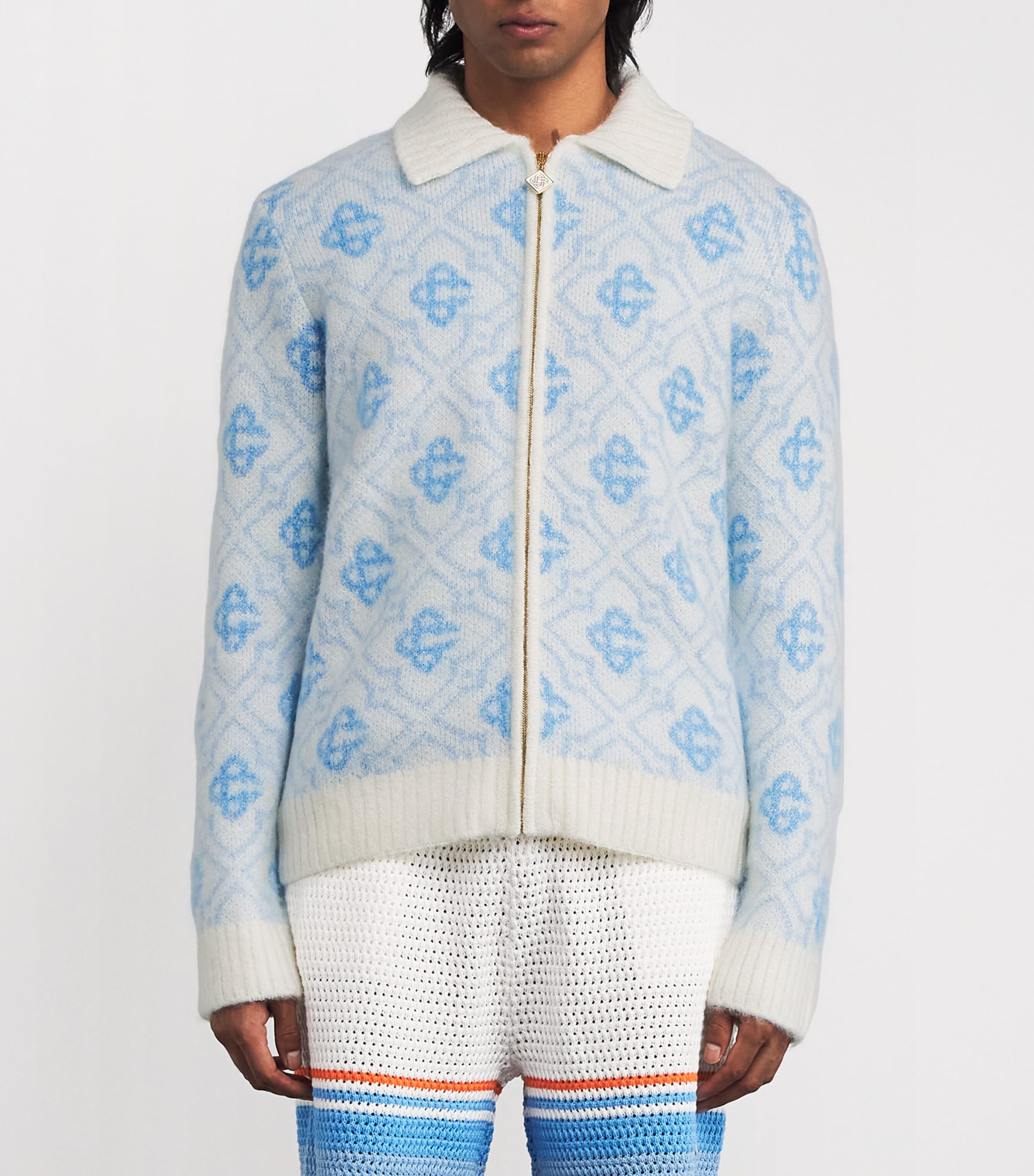 Casablanca Mens Merino Wool Zip-Up Cardigan Monogram Image 3