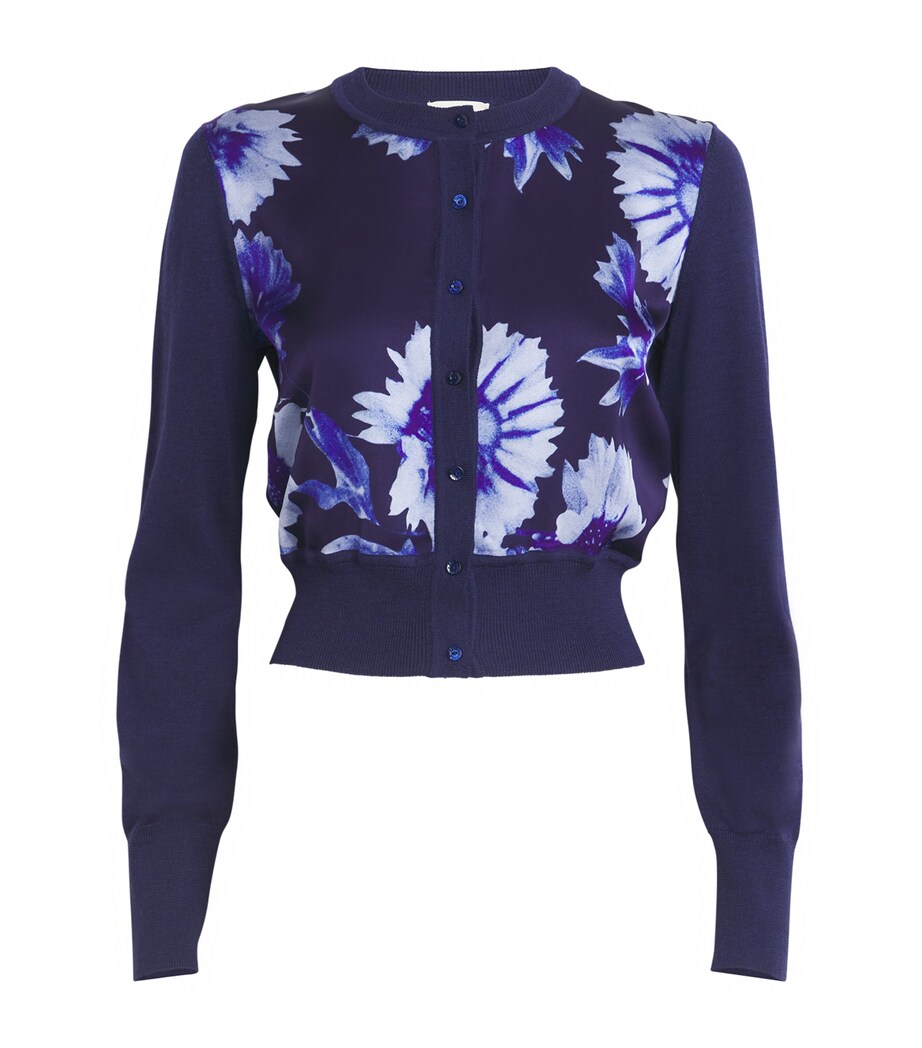 Erdem Womens Cropped Printed Panel Cardigan Navy + Indigo Image 1