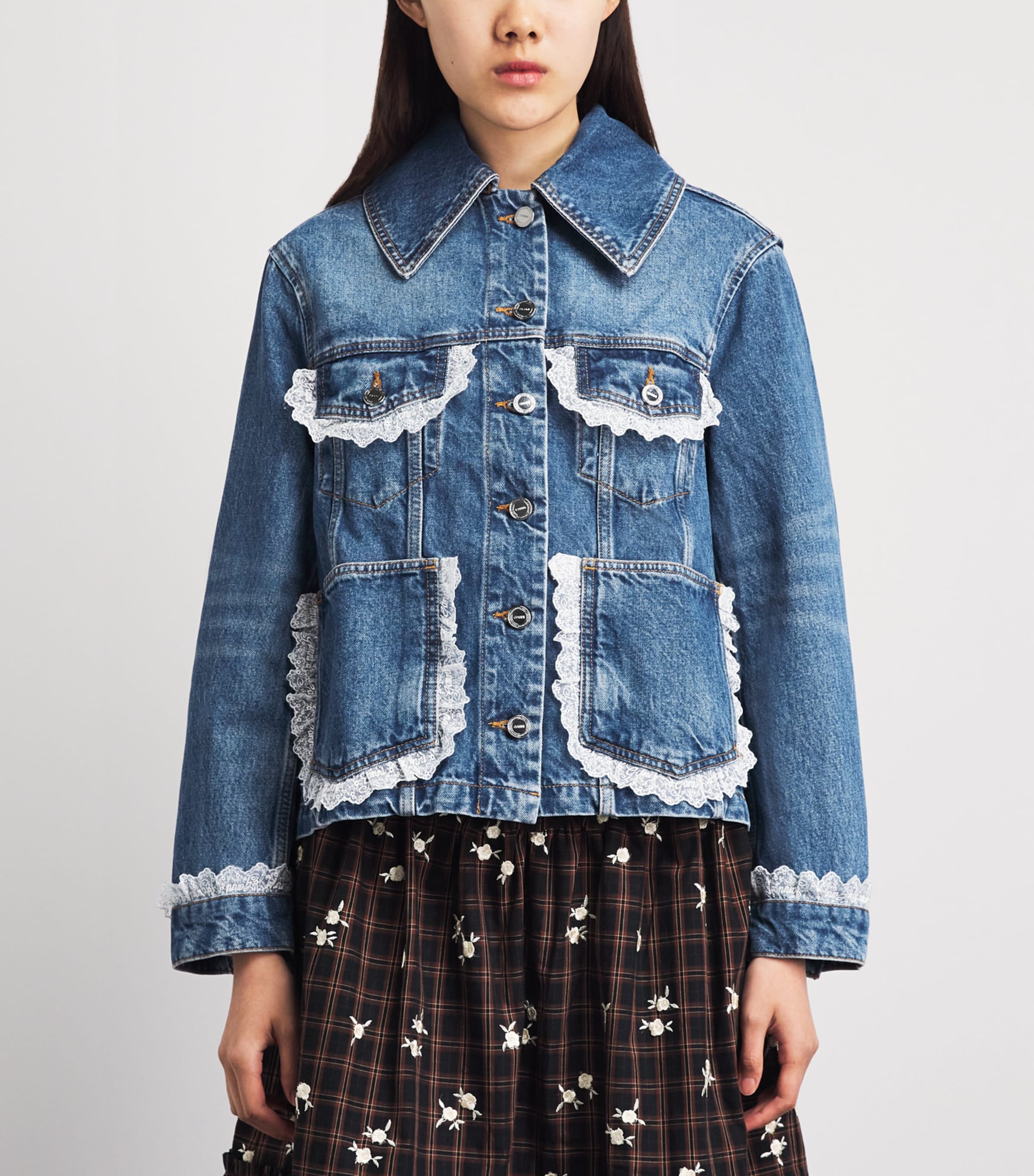 GANNI Womens Lace-Trim Denim Jacket Bl Vntg Image 4
