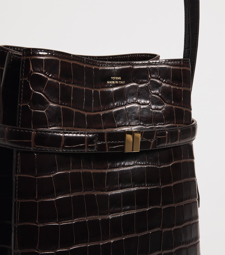 Leather Croc-Embossed Bucket Shoulder Bag 034 DARK BROWN Image 6