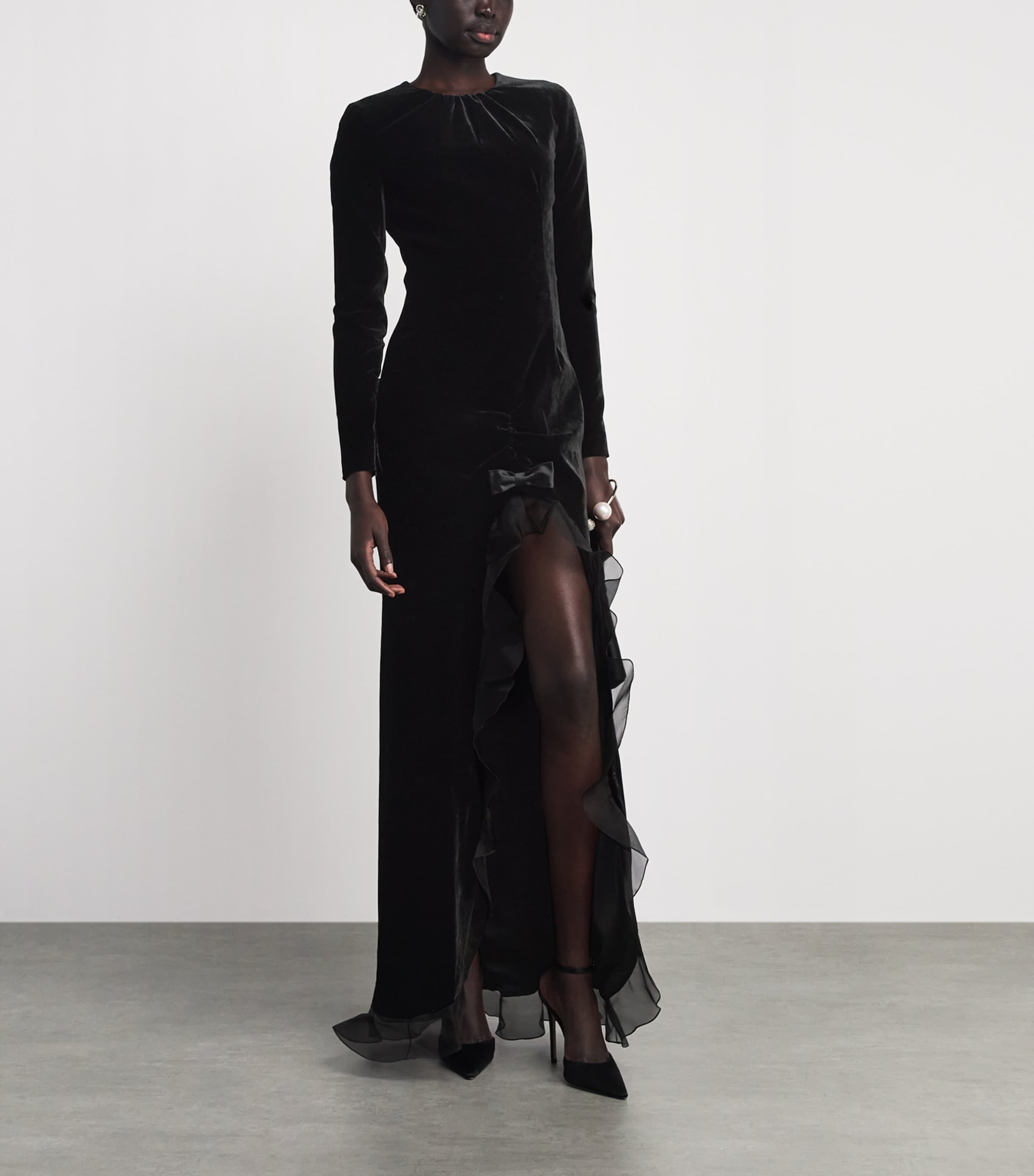 Alessandra Rich Womens Velvet Ruffled Gown Black Image 2