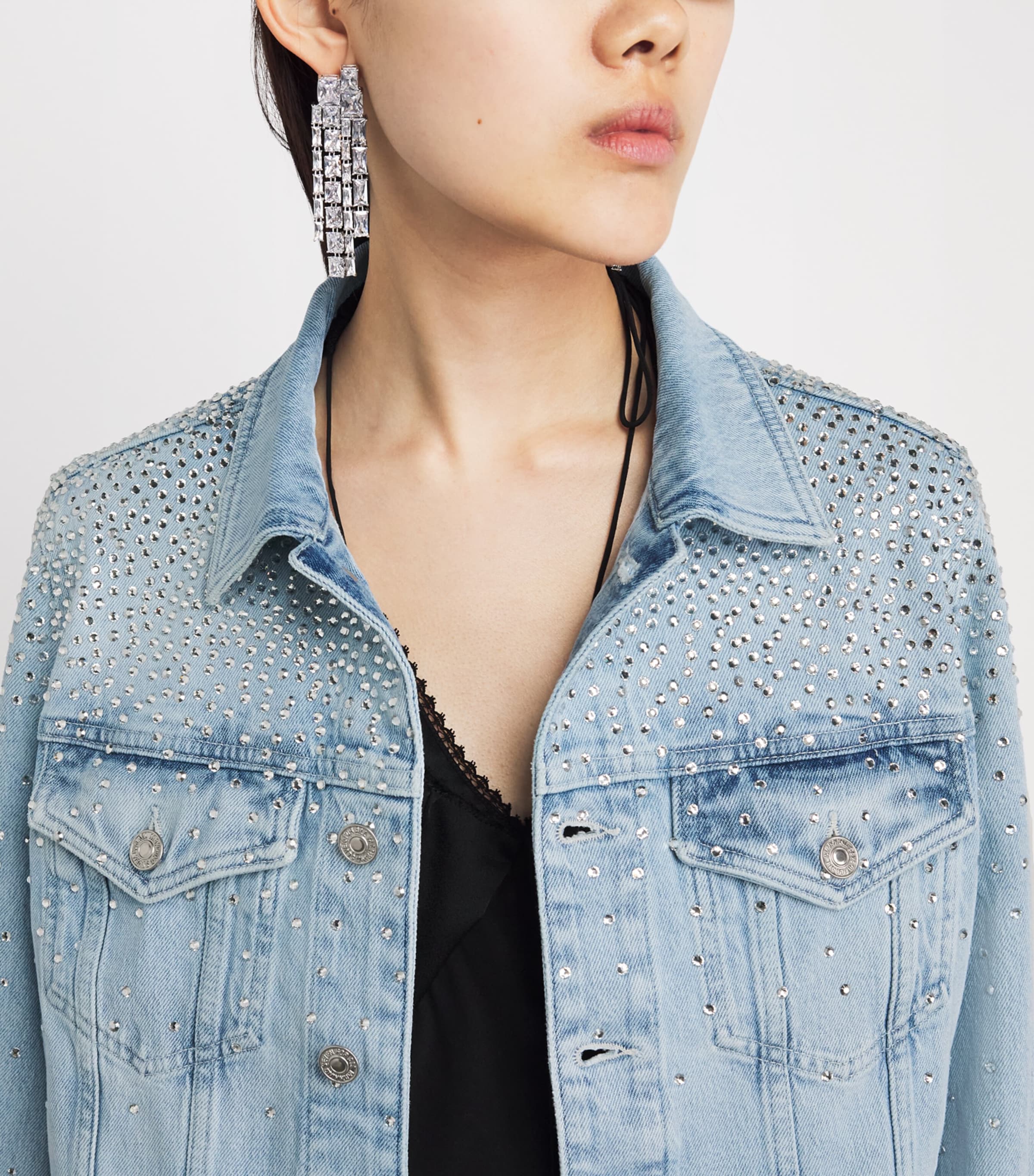 7 For All Mankind Womens Embellished Adi Trucker Denim Jacket Luminous Image 3