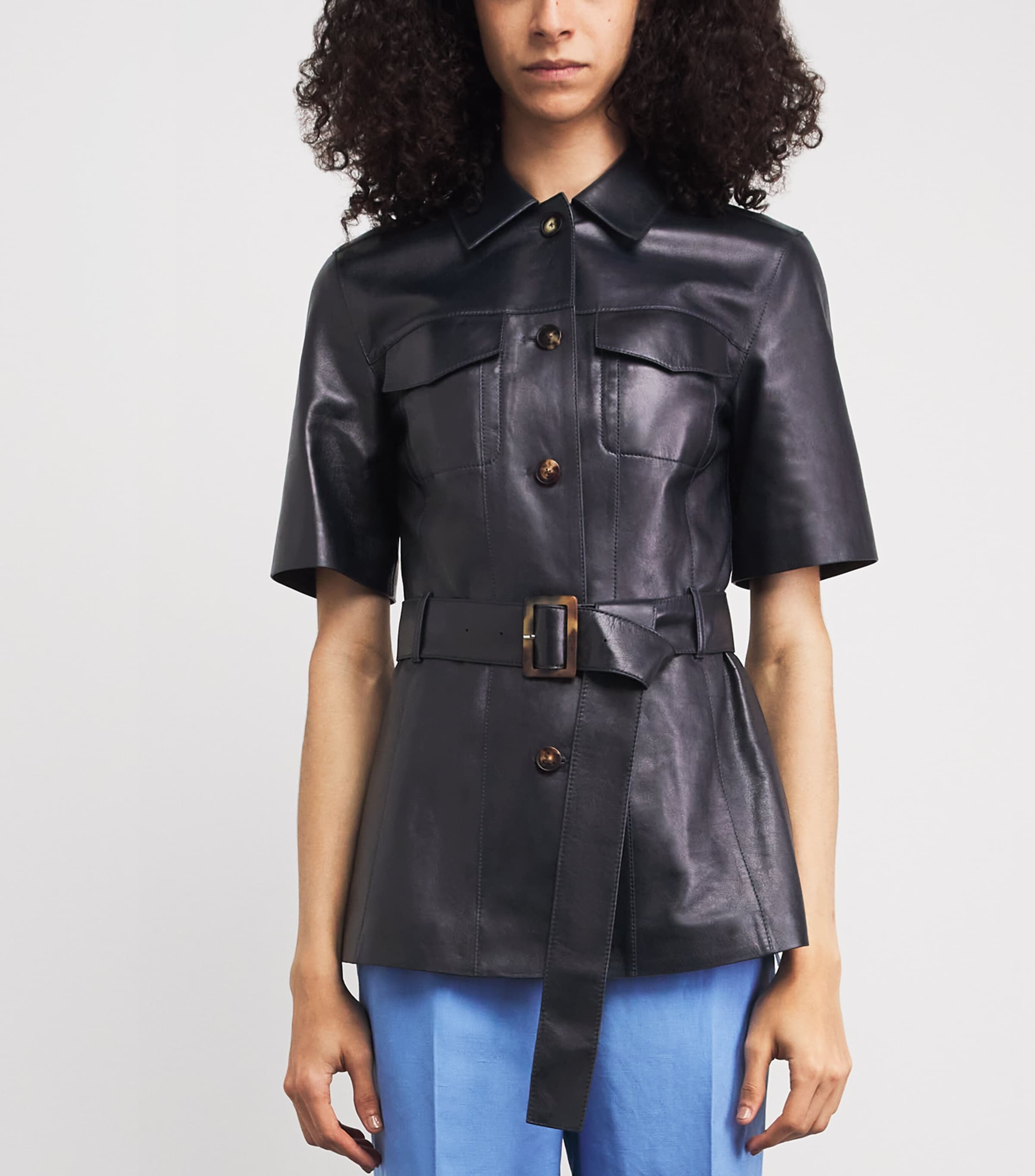 Lafayette 148 Womens Leather Belted Jacket Ink Ink Image 4