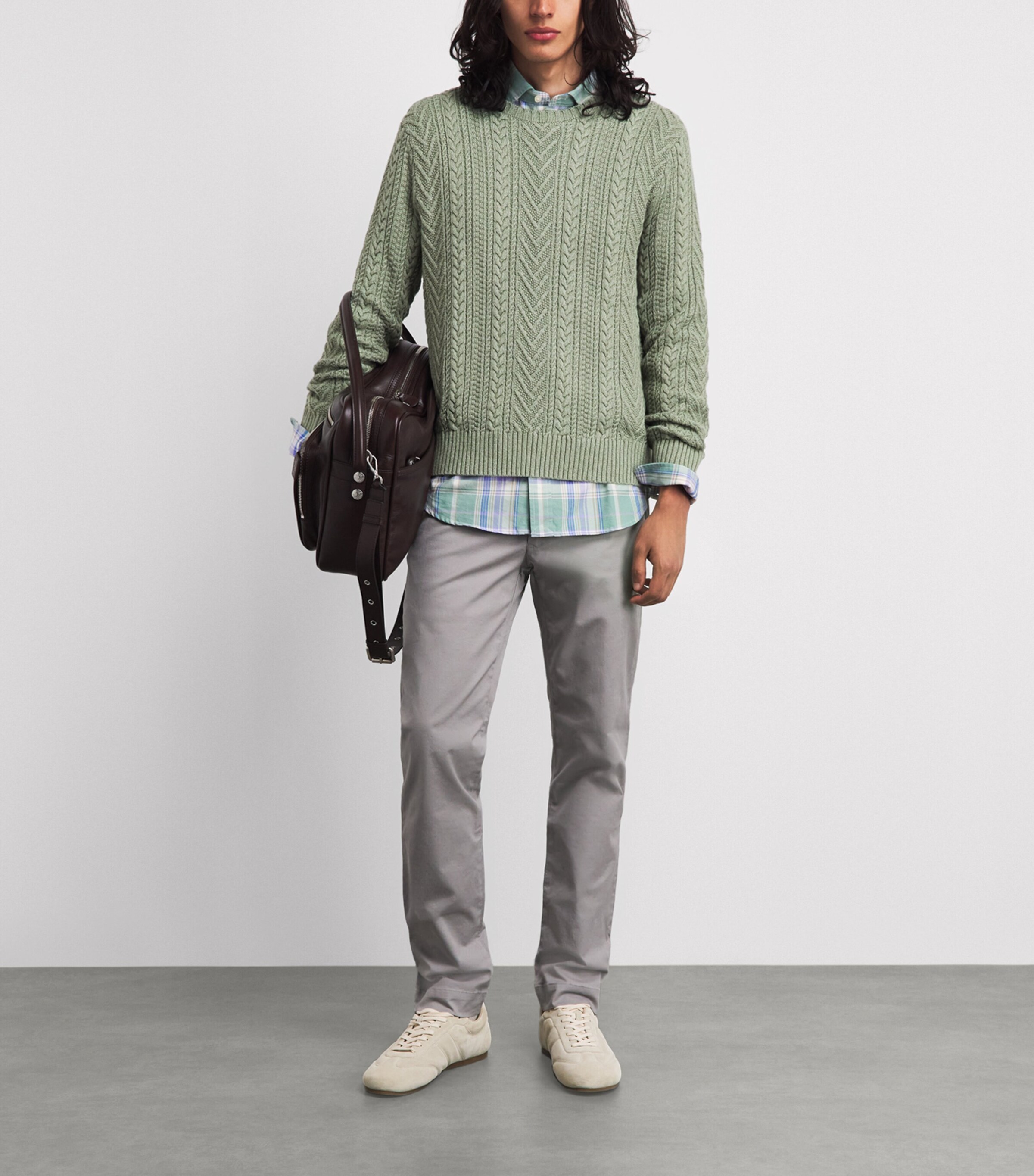 Polo Ralph Lauren Mens Cotton-Linen Aran-Knit Sweater Fern Green Combo Image 2