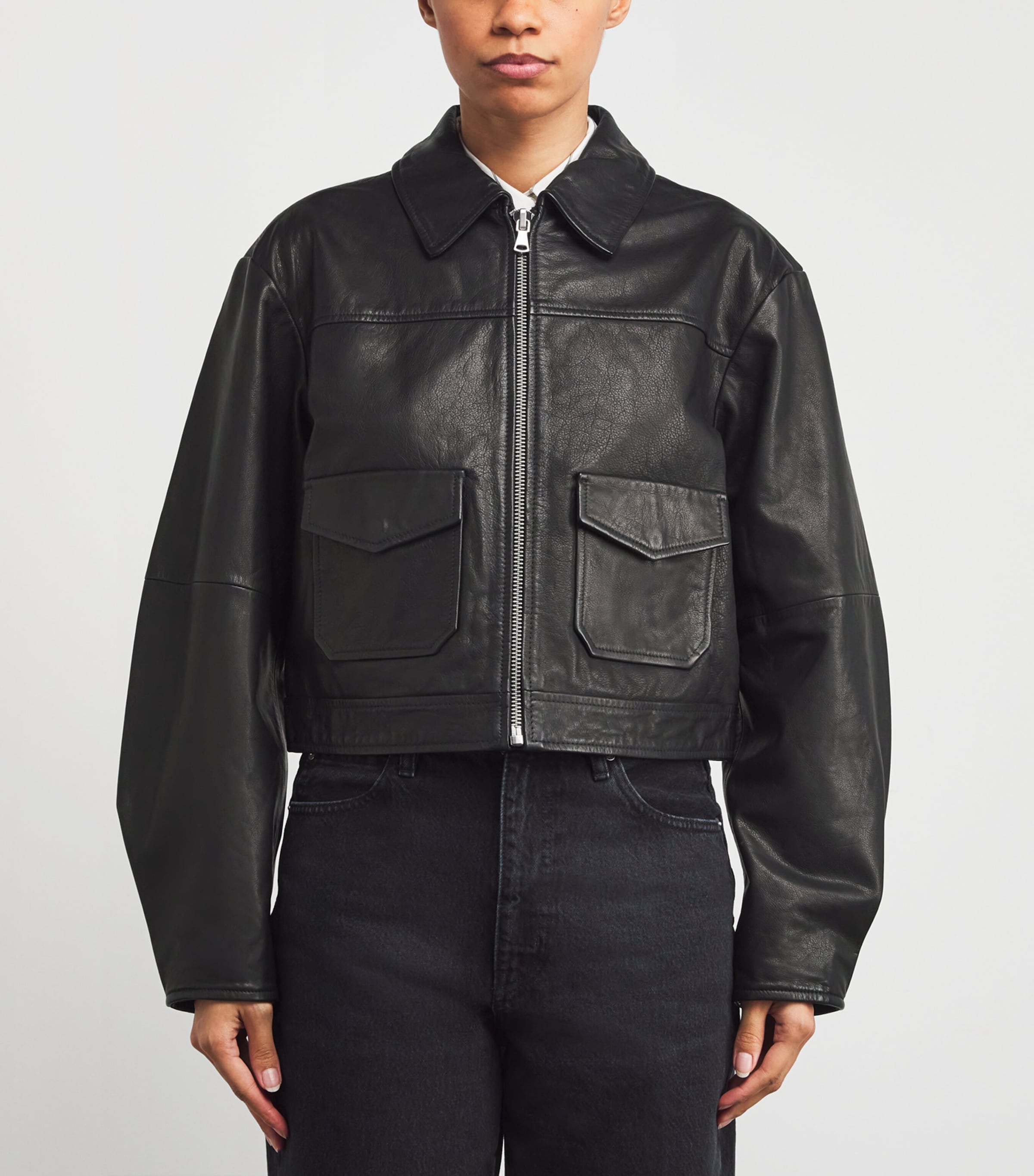 Cropped Clyde Leather Jacket BLACK Image 3