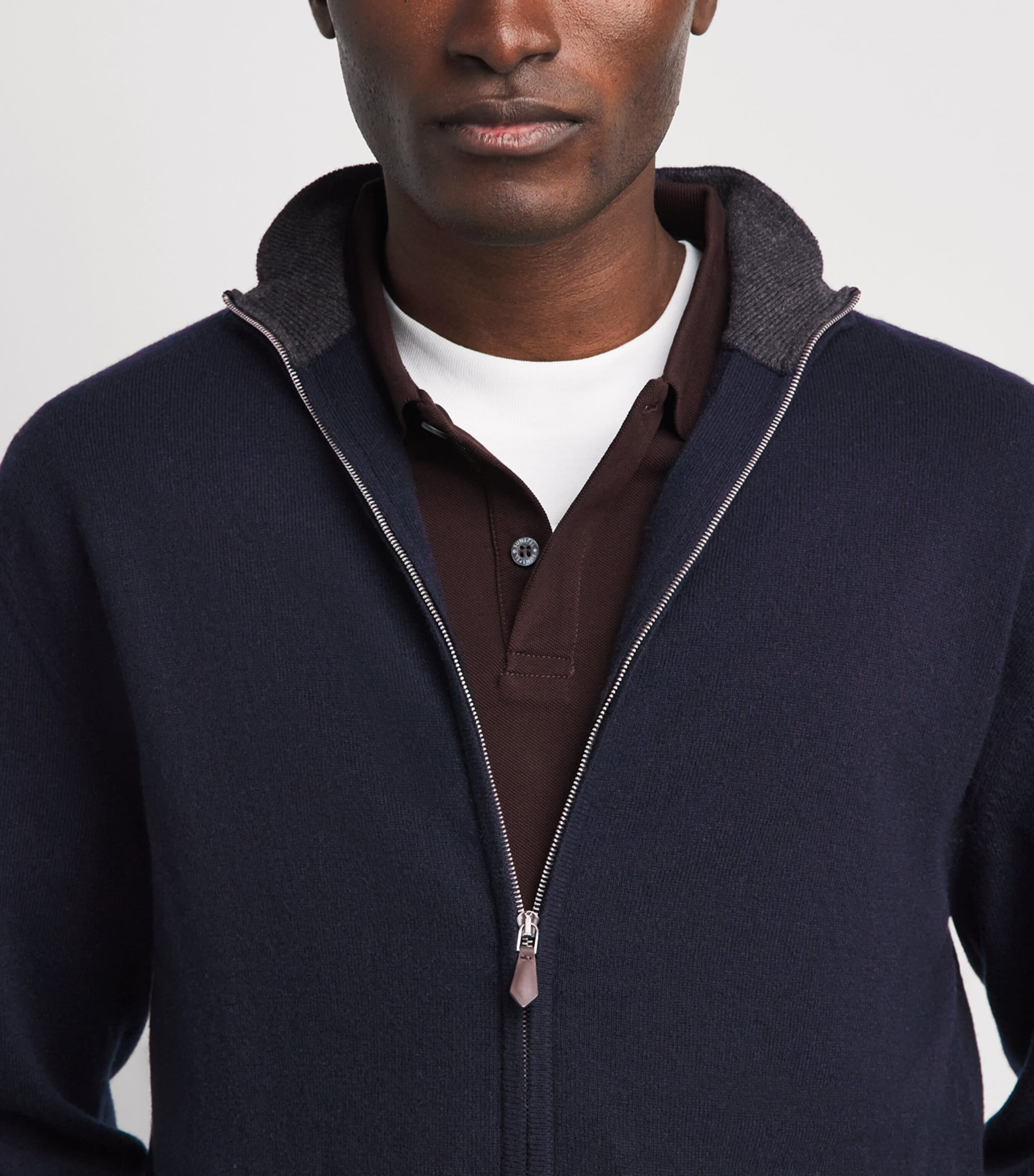 N.Peal Mens Organic Cashmere Knightsbridge Zip-Up Cardigan Navy Dark Charcoal Image 3
