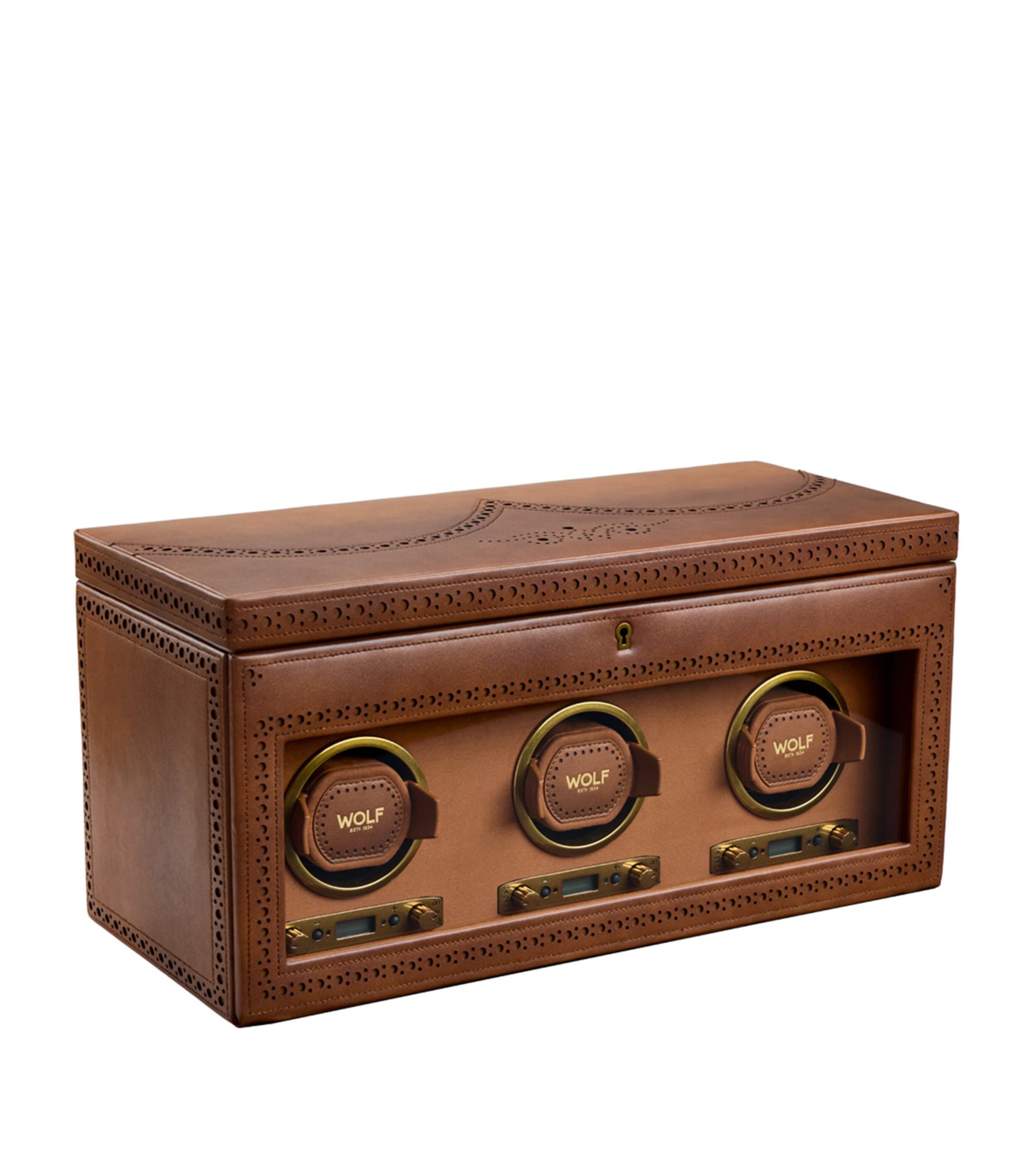 WOLF Brogue Triple Watch Winder with Storage Burnished Brown Image 3