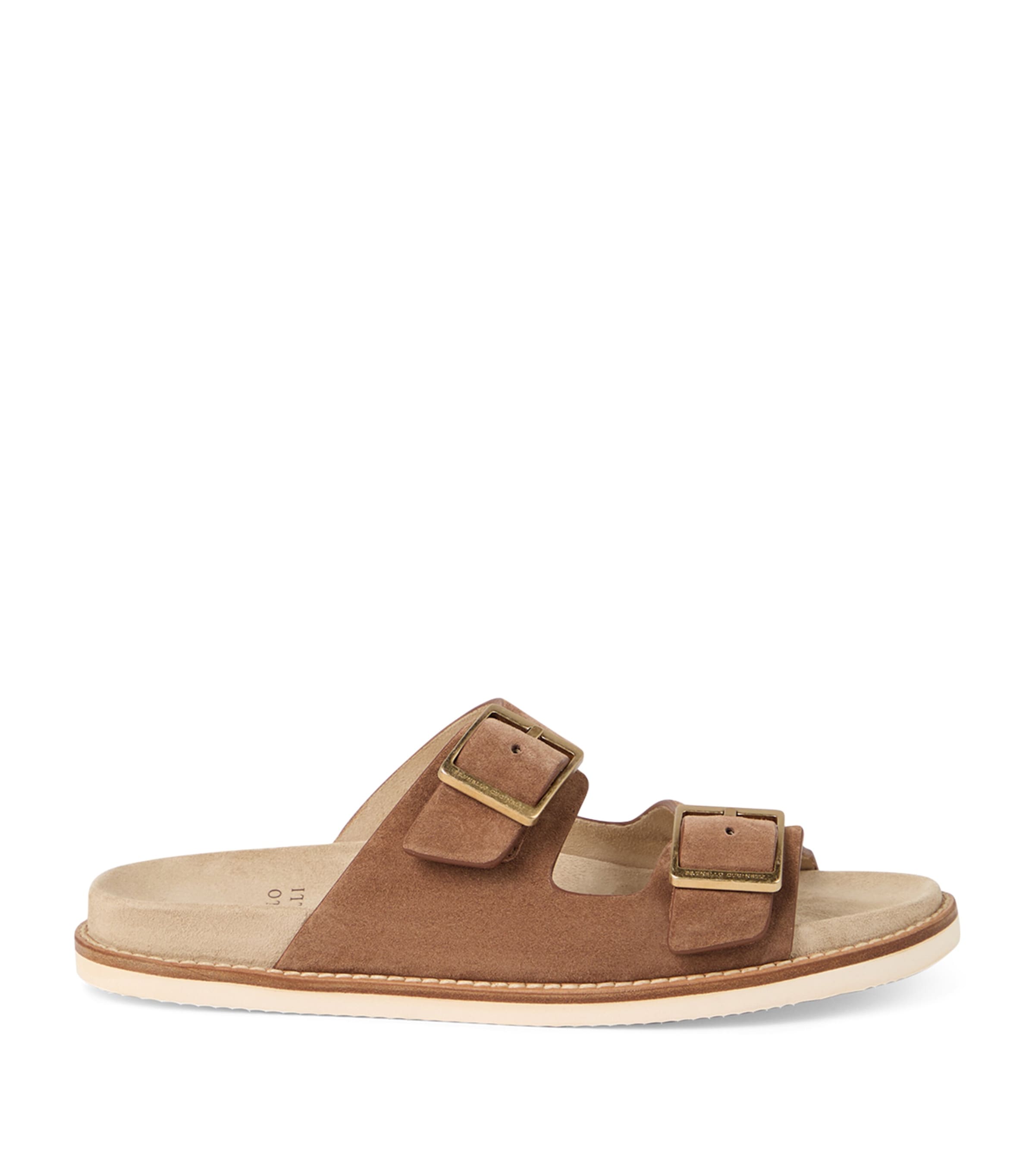Brunello Cucinelli Men's Beige Suede Leather Sandals With Decorative Buckle Detail In Brown