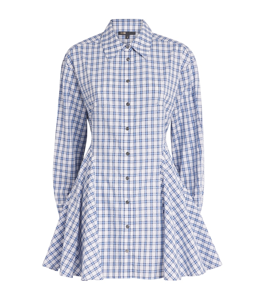 Maje Womens Cotton Check Rhinestone Mini Shirt Dress Blue Check Print Image 1