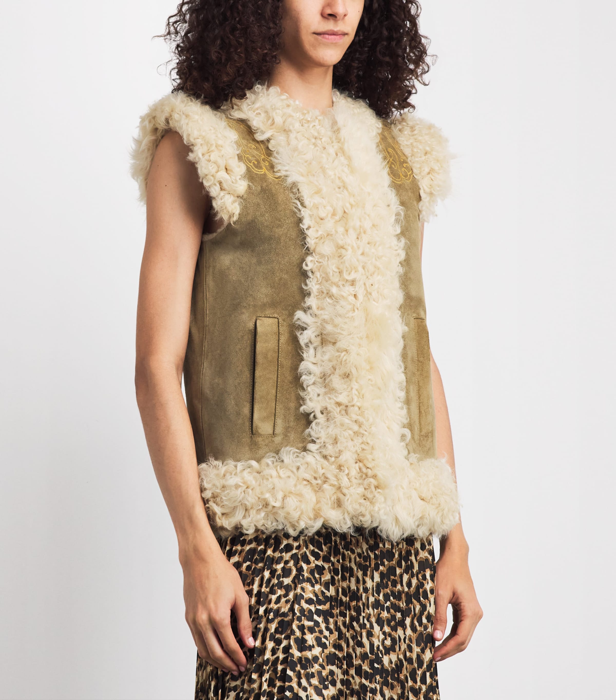 Etro Womens Shearling Embroidered Gilet Marrone Image 4