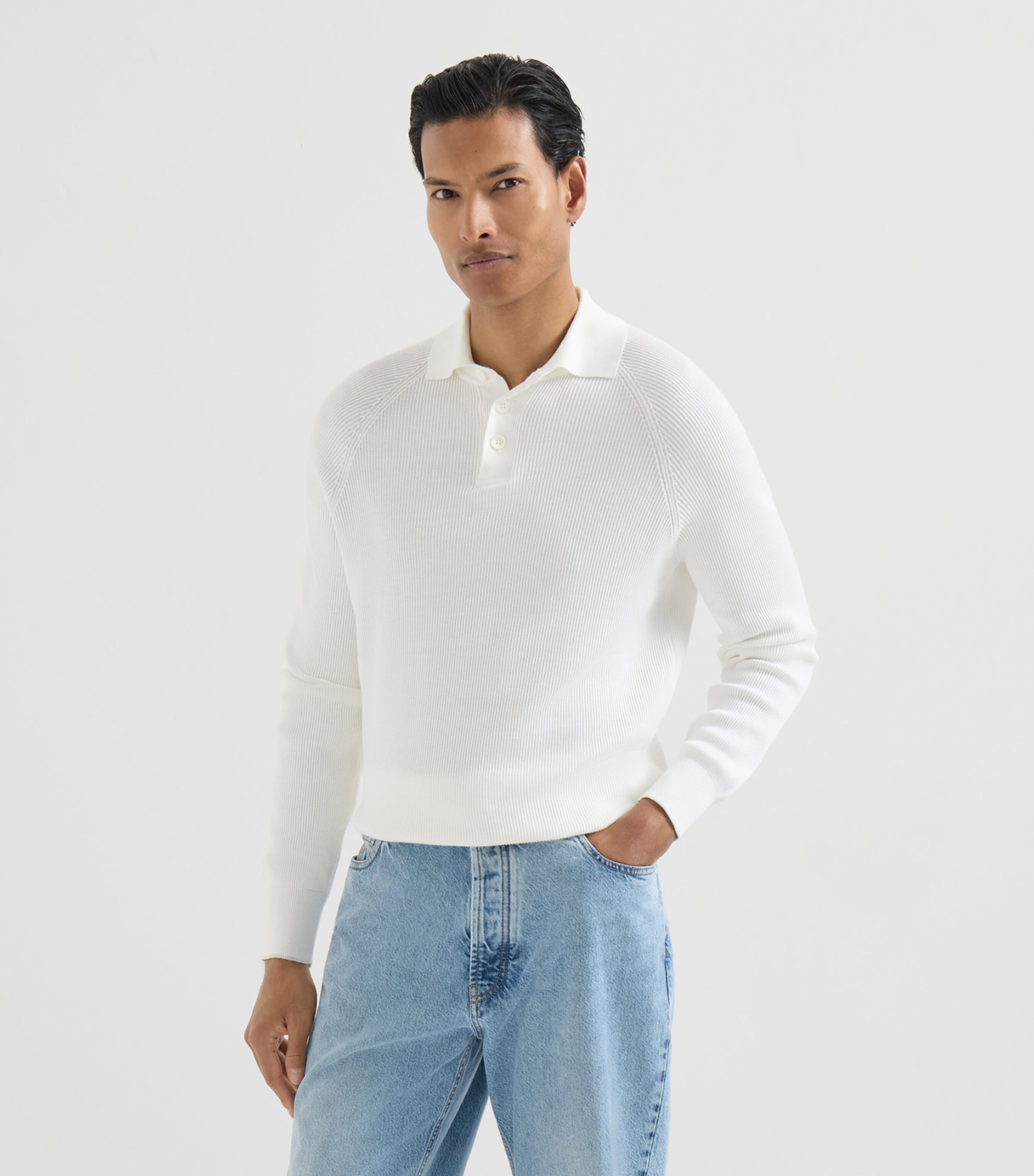 Brunello Cucinelli Mens Cotton Rib-Knit Polo Sweater Image 3