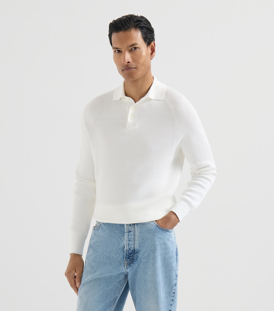 Brunello Cucinelli Mens Cotton Rib-Knit Polo Sweater Image 3