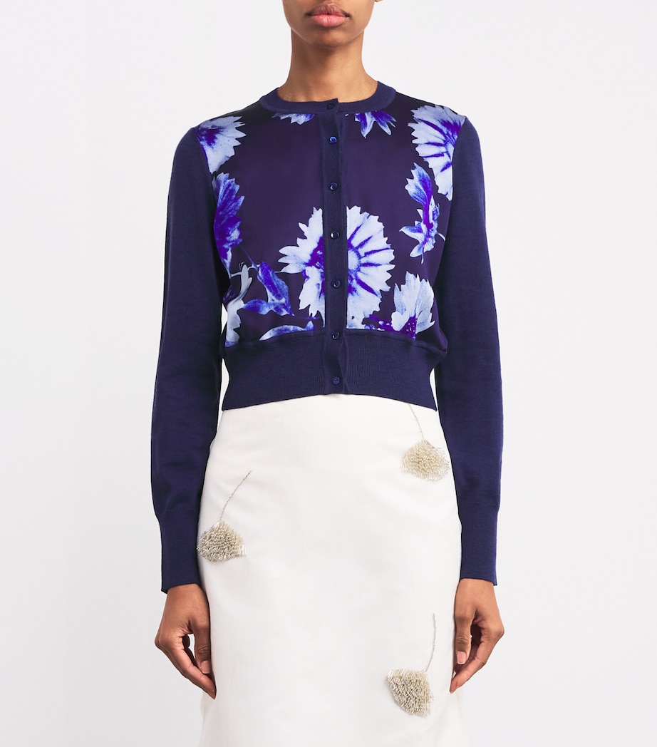Erdem Womens Cropped Printed Panel Cardigan Navy + Indigo Image 3