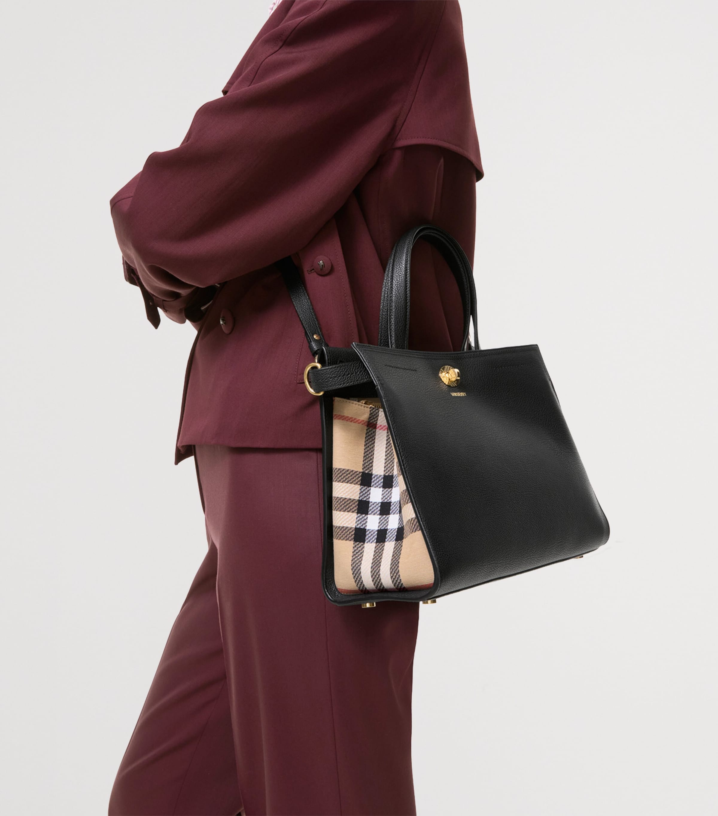 Burberry Small Leather Cotswolds Check Tote Bag Black Image 3