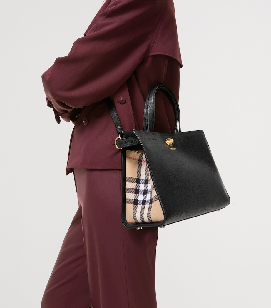 Burberry Small Leather Cotswolds Check Tote Bag Black Image 3