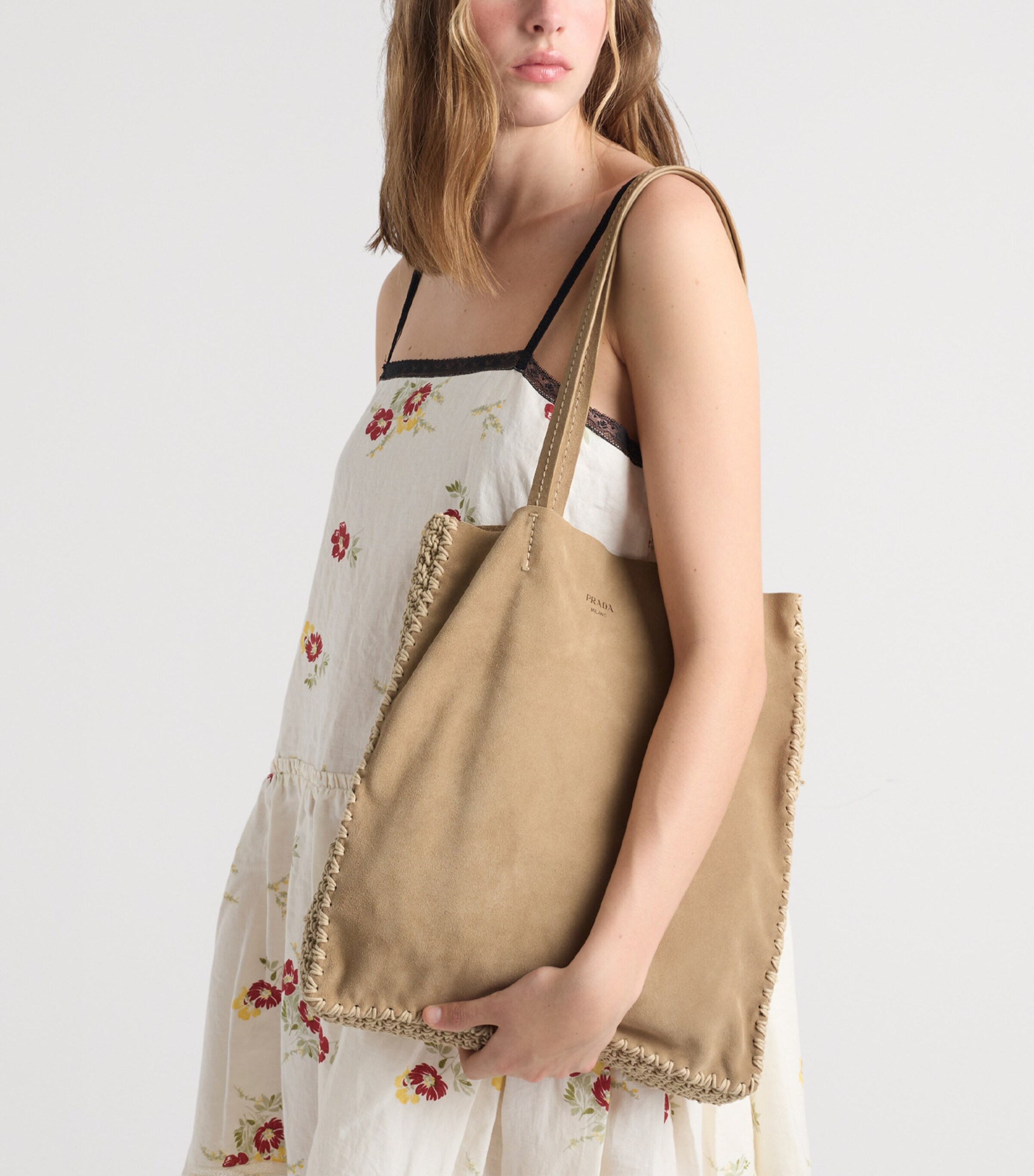 Prada Large Suede and Crochet Tote Bag Neutral Image 6
