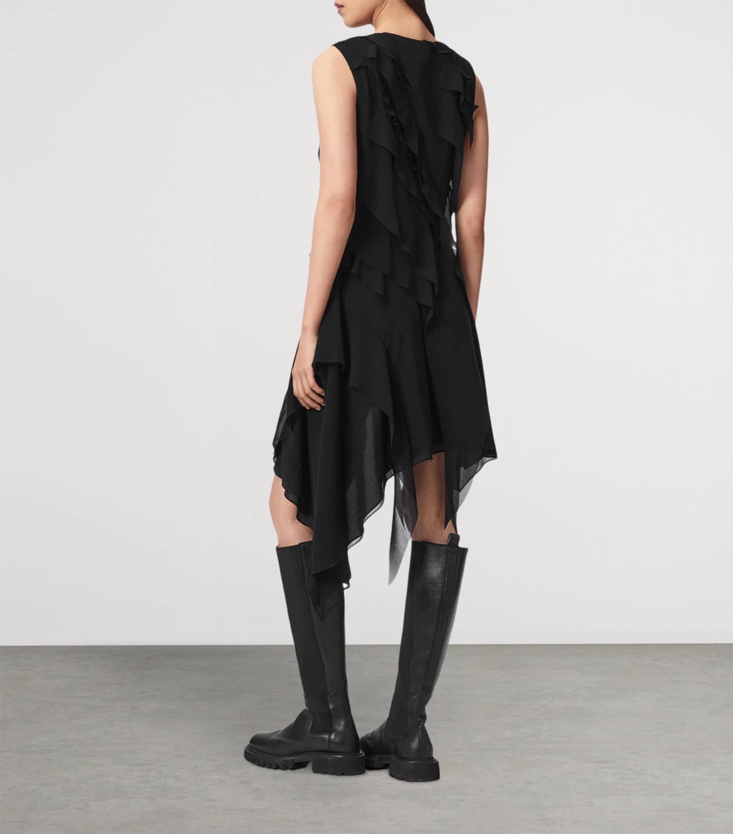 AllSaints Womens Ruffled Asymmetric Angie Midi Dress Black Image 4