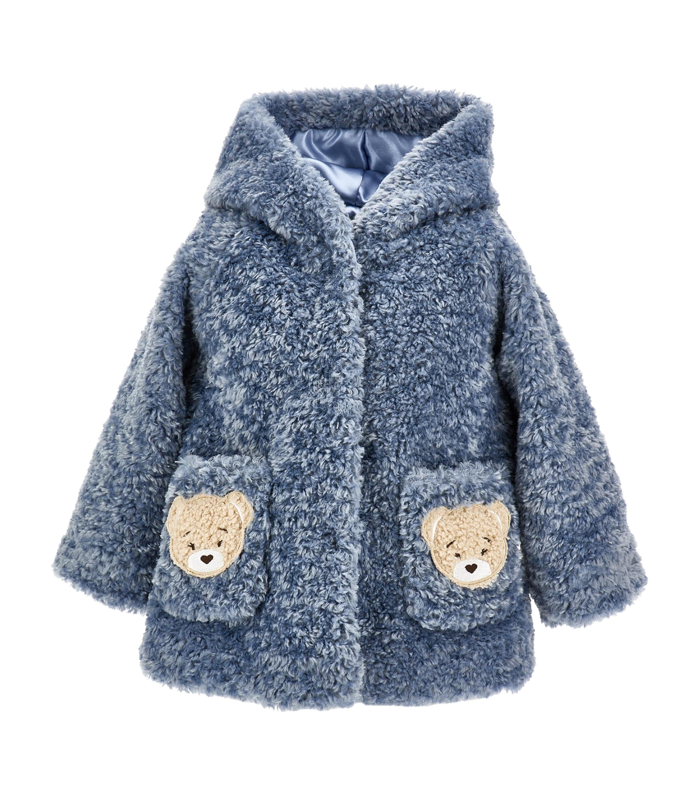 Monnalisa Faux Fur Embroidered Coat In Blue