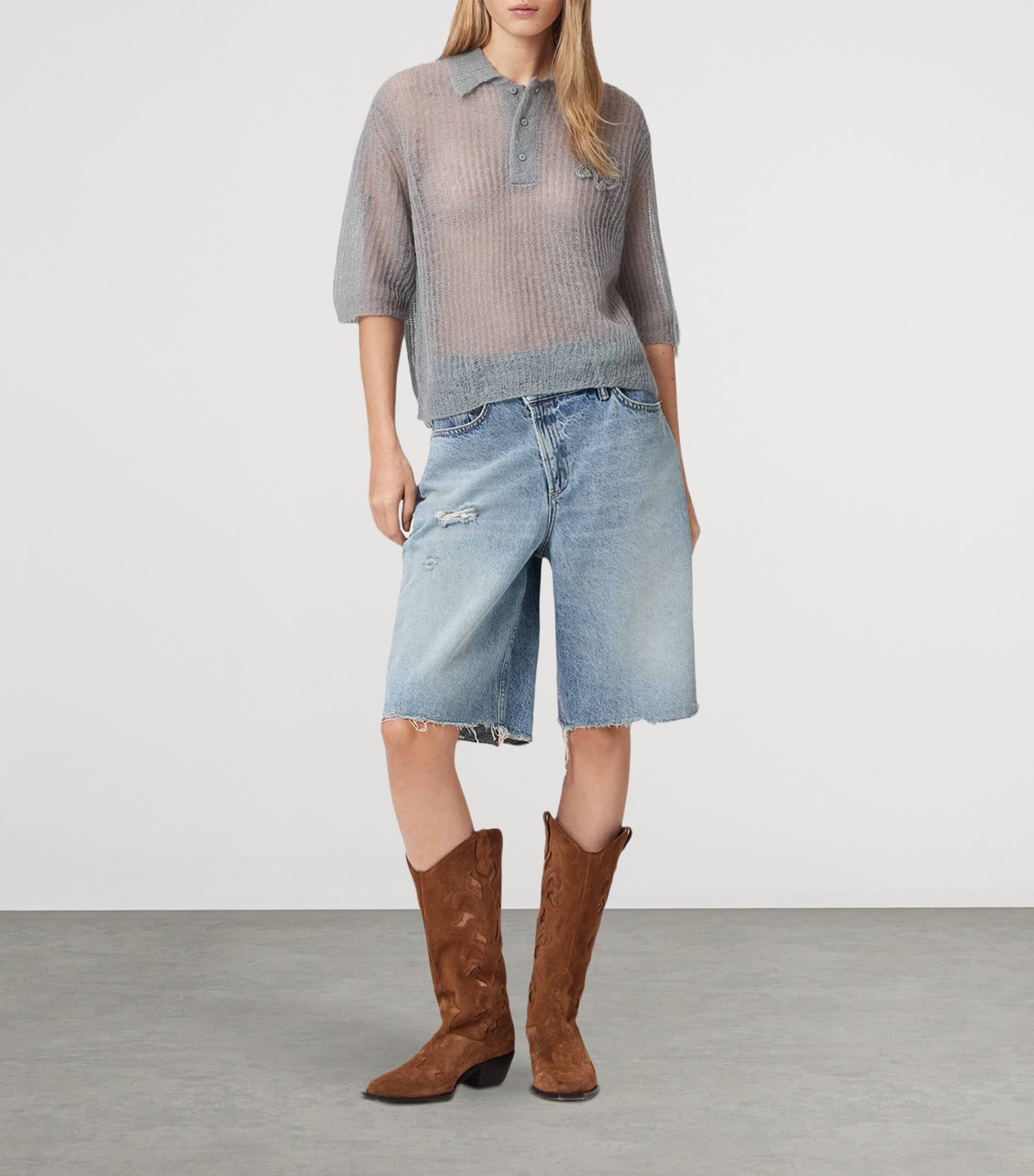 AllSaints Womens Mohair-Blend Anabel Polo Top Steel Blue Image 2