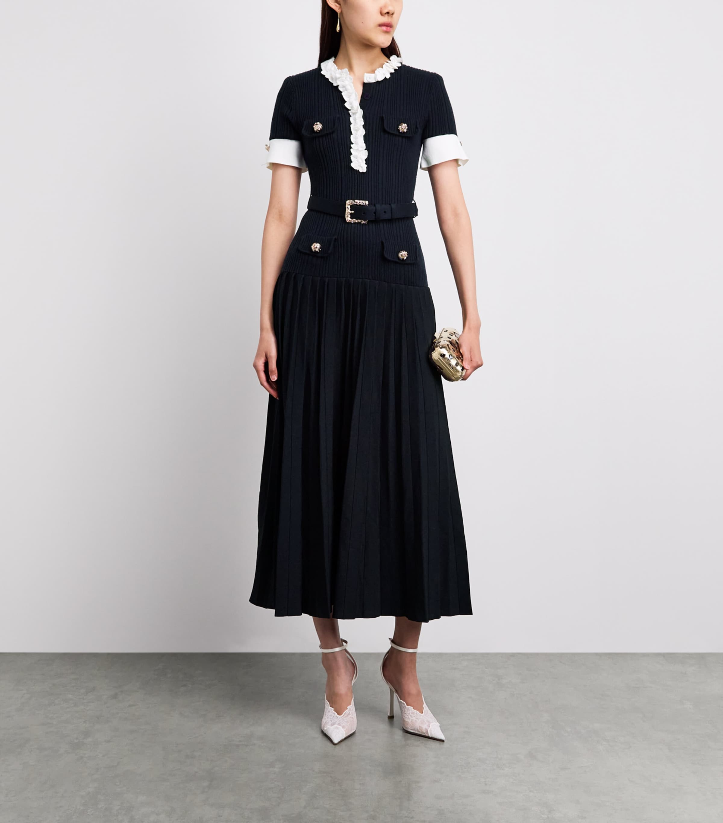 Self-Portrait Womens Ribbed Ruffle-Detail Midi Dress Navy Image 2