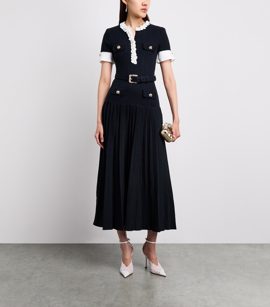 Self-Portrait Womens Ribbed Ruffle-Detail Midi Dress Navy Image 2