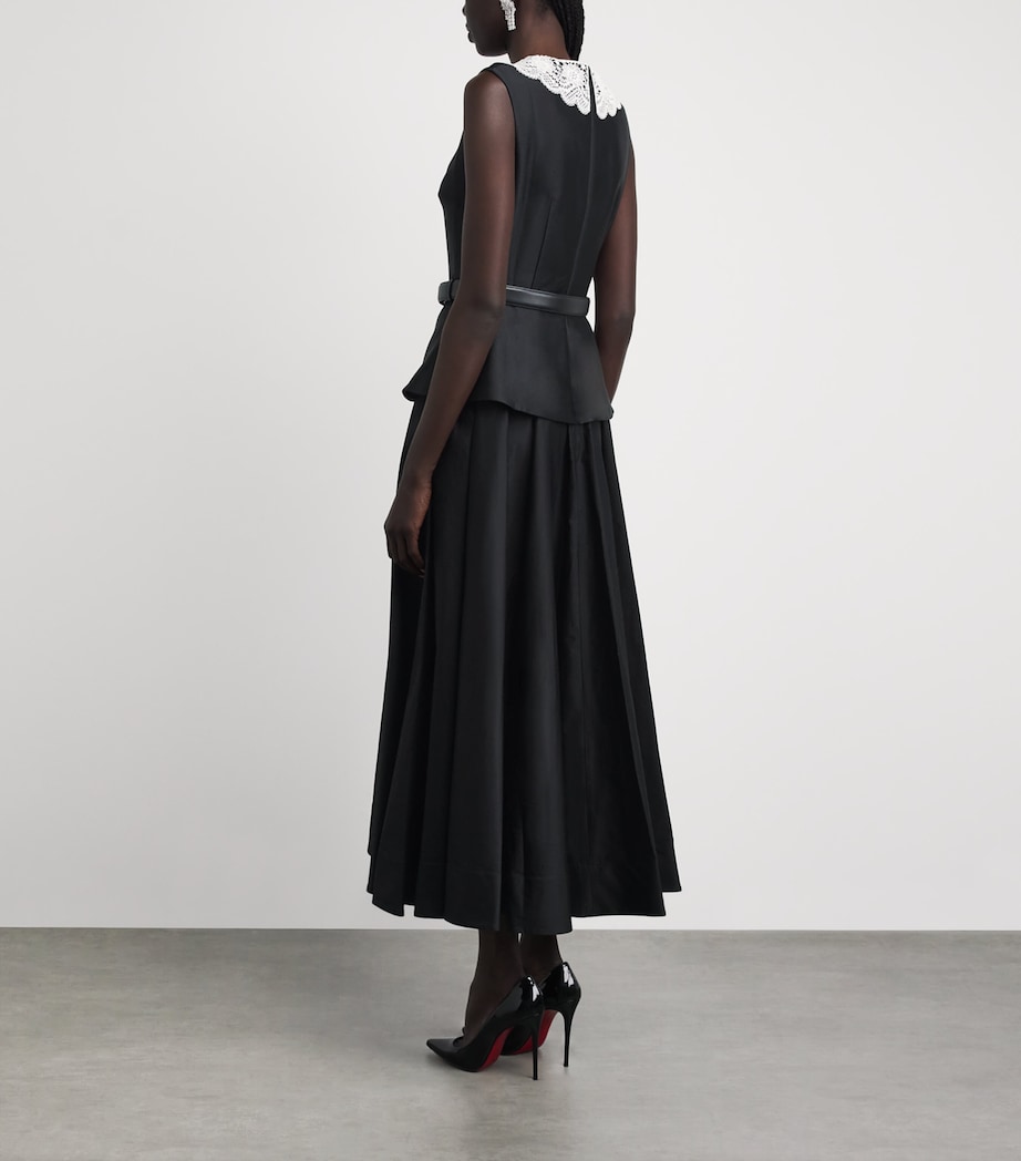 Self-Portrait Womens Taffeta Lace-Trim Midi Dress Black Image 4
