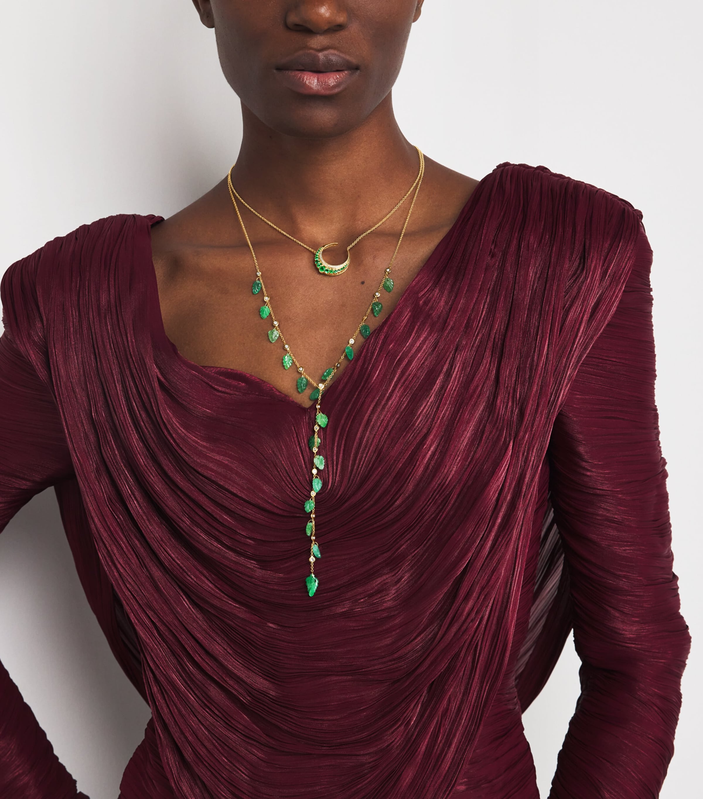 Small Yellow Gold, Diamond and Emerald Crescent Moon Necklace YELLOW GOLD Image 4