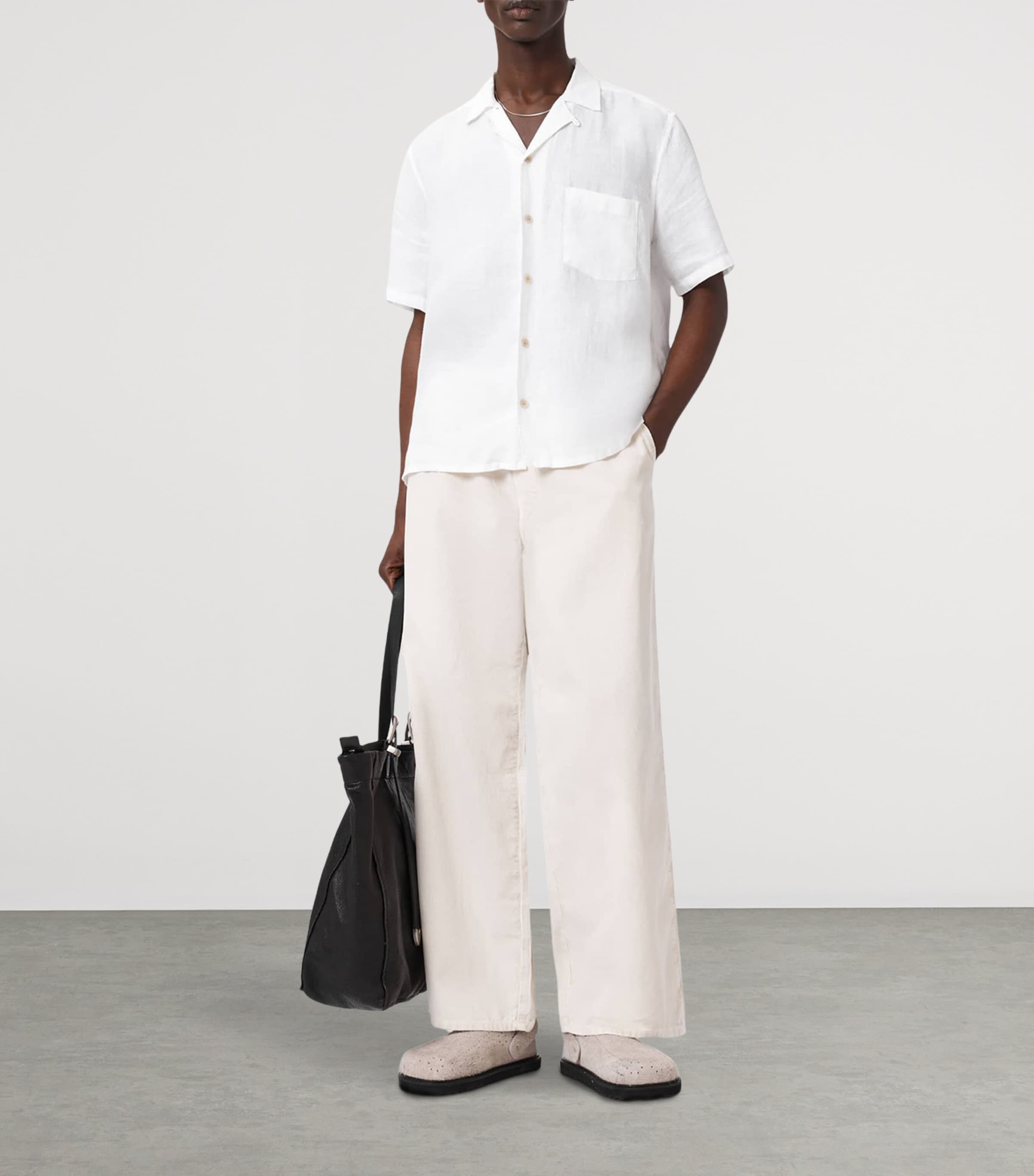 AllSaints Mens Linen Embroidered Tri Shirt Ecru Image 7