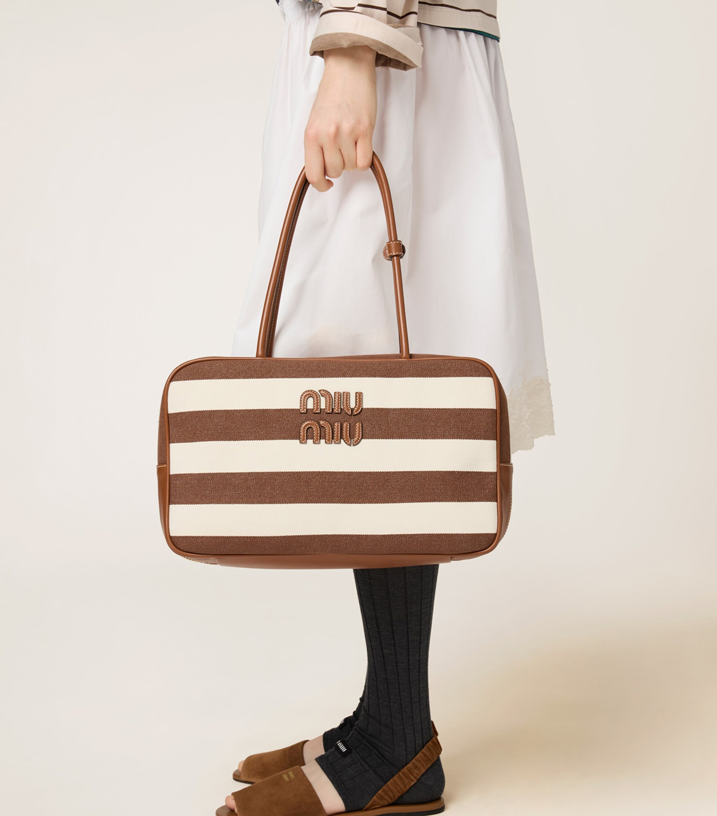 Miu Miu Leather-Canvas Beau Top-Handle Bag Image 5