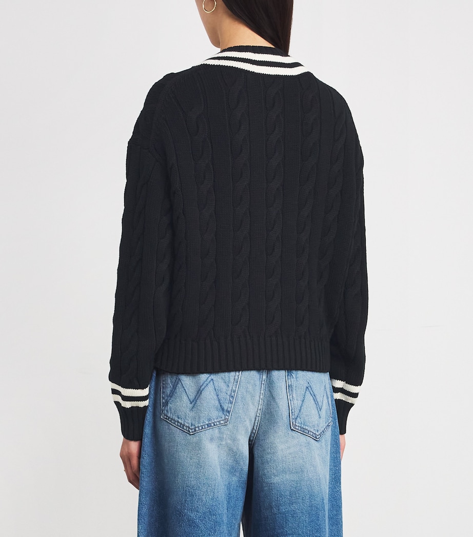 Cotton Aran-Knit V-Neck Sweater POLO BLACK/CRCKT CRM Image 4