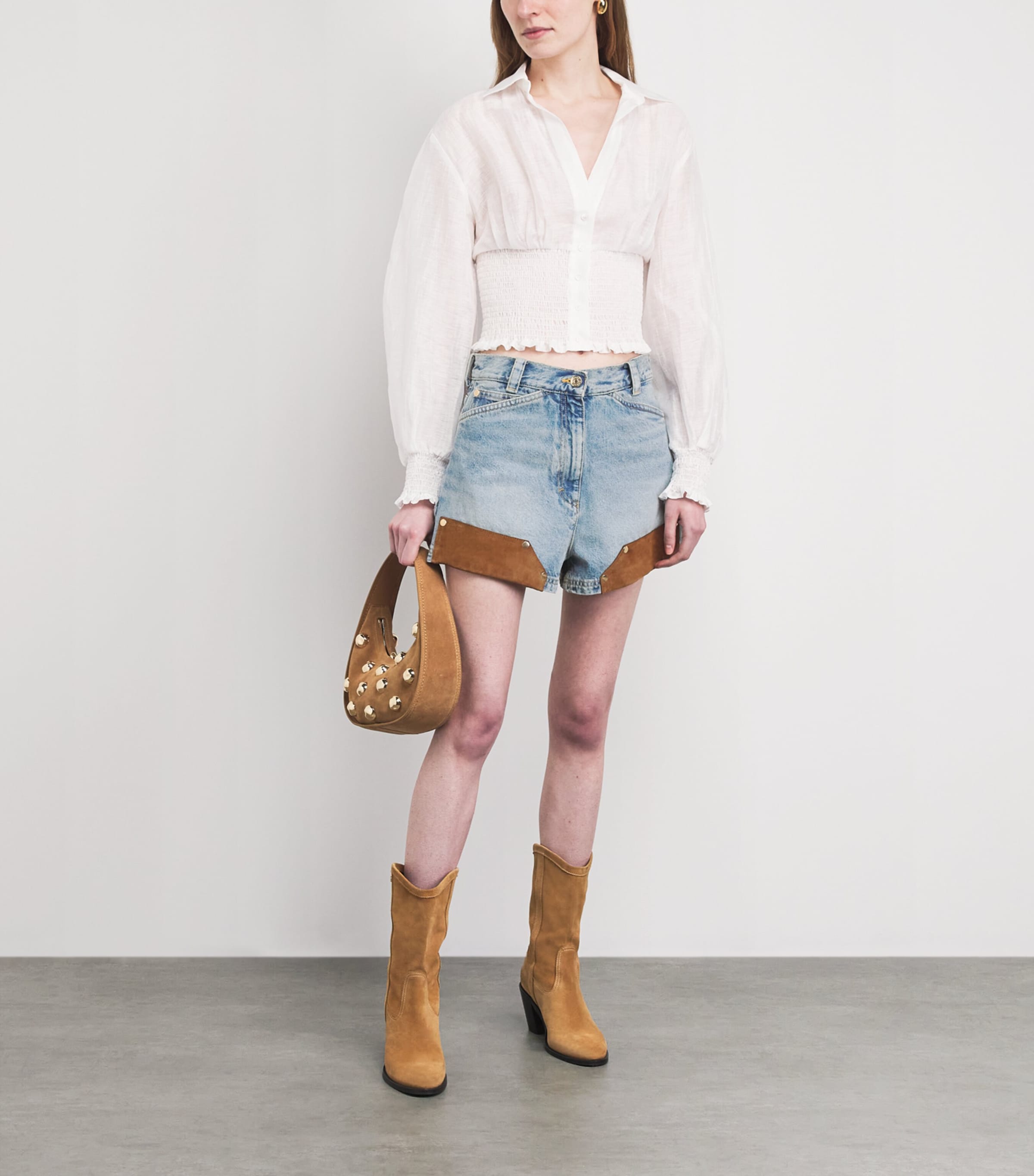 Sandro Paris Womens Suede-Trim Denim Shorts Light Bu Jean Image 2