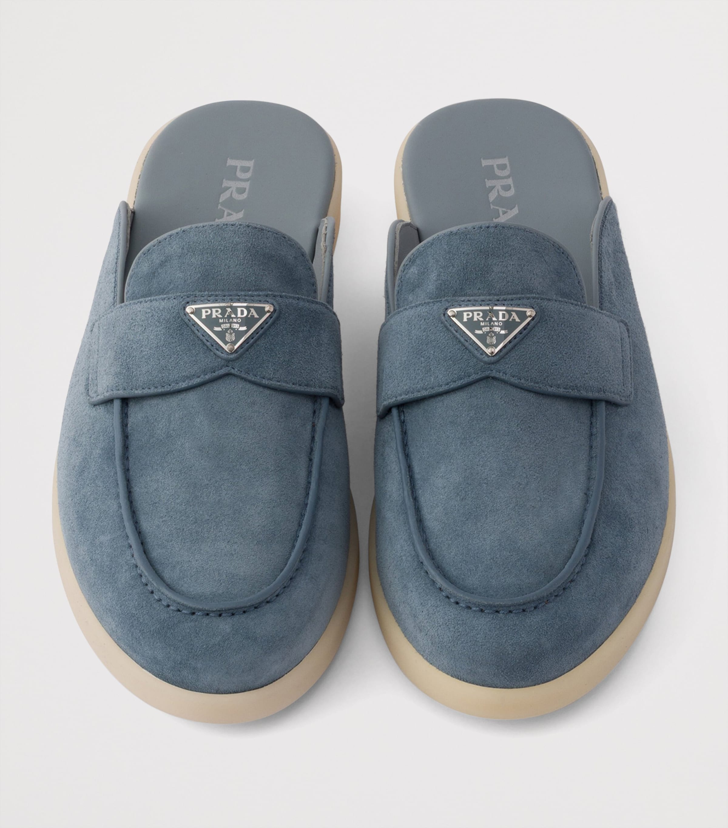 Prada Suede Triangle Mules Blue Image 4