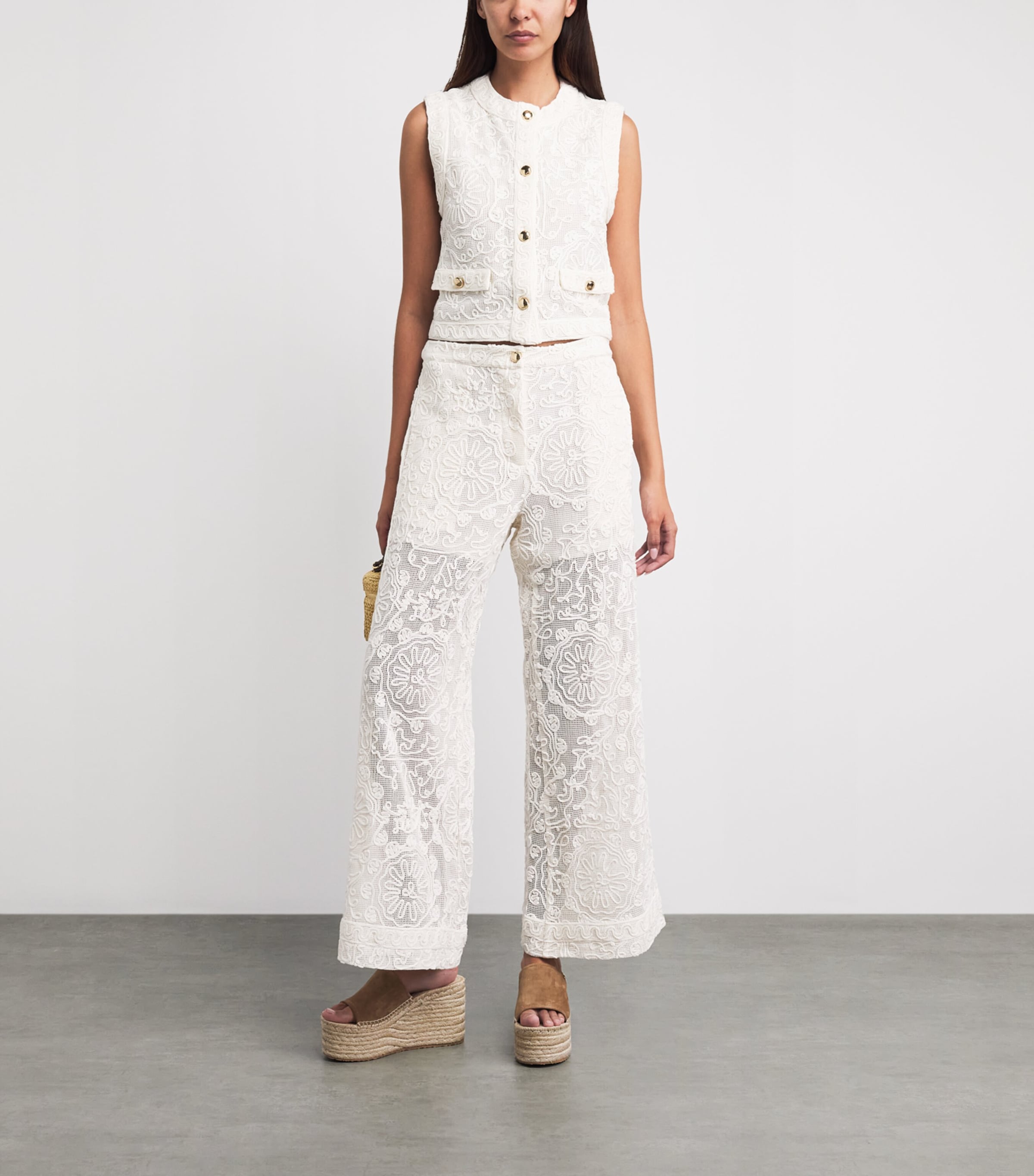 Maje Womens Guipure Lace Flared Trousers Ecru Image 2