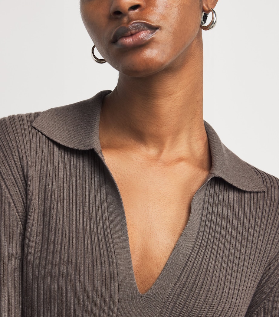 Wool-Blend Ribbed Polo Top MUSHROOM Image 6