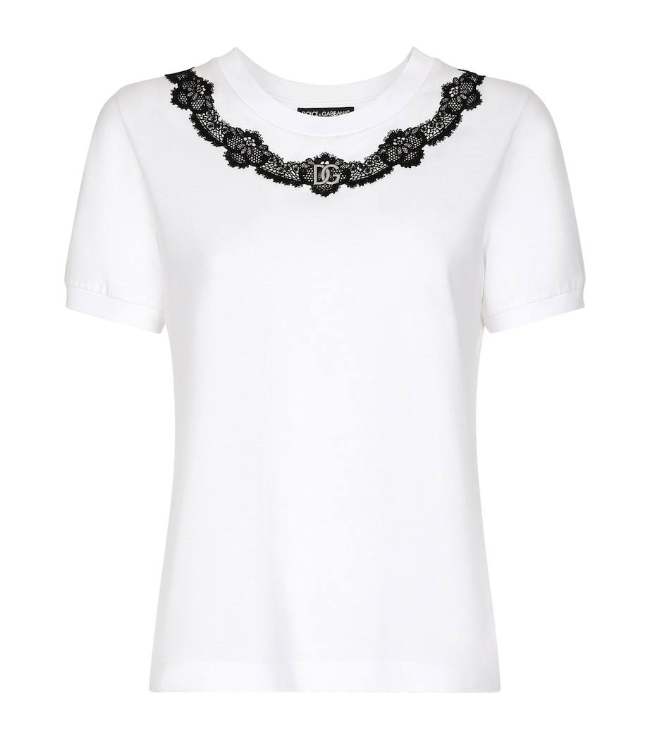 Dolce&Gabbana Womens Lace-Trim Logo T-Shirt Optical White Image 1