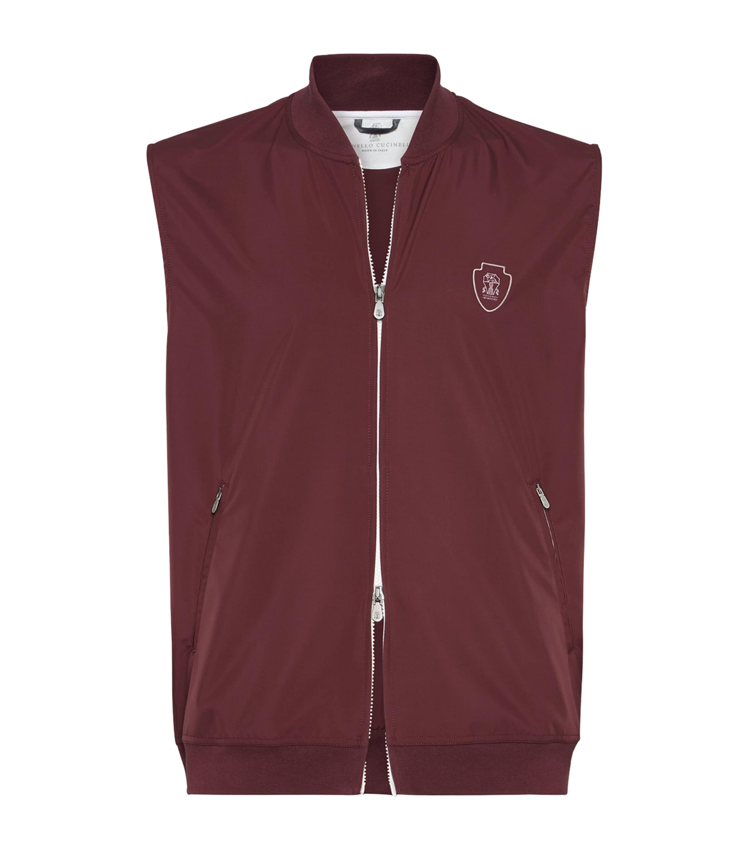 Brunello Cucinelli Nylon Logo Gilet In Burgundy