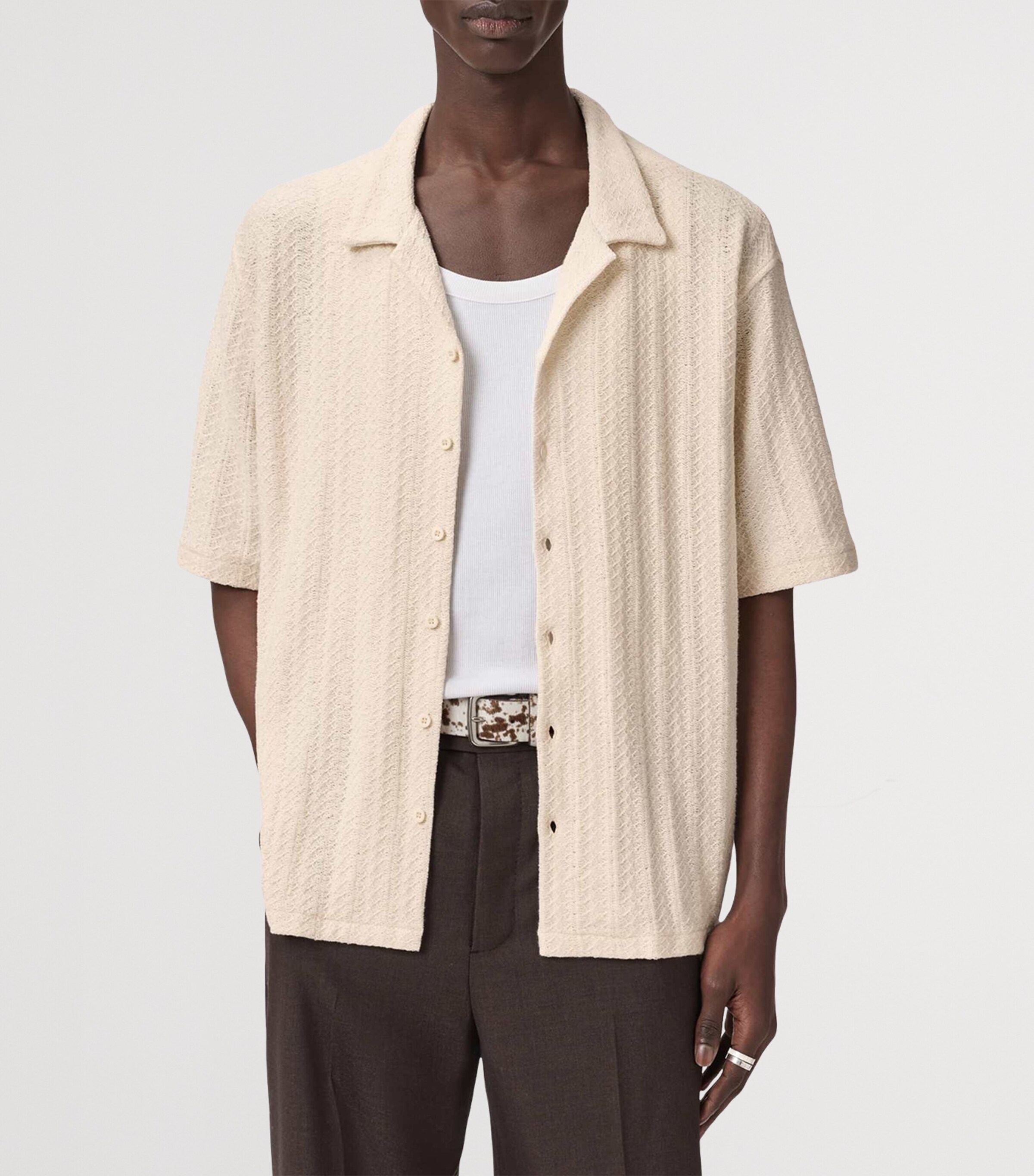 AllSaints Mens Knitted Trace Shirt Cottage White Image 3