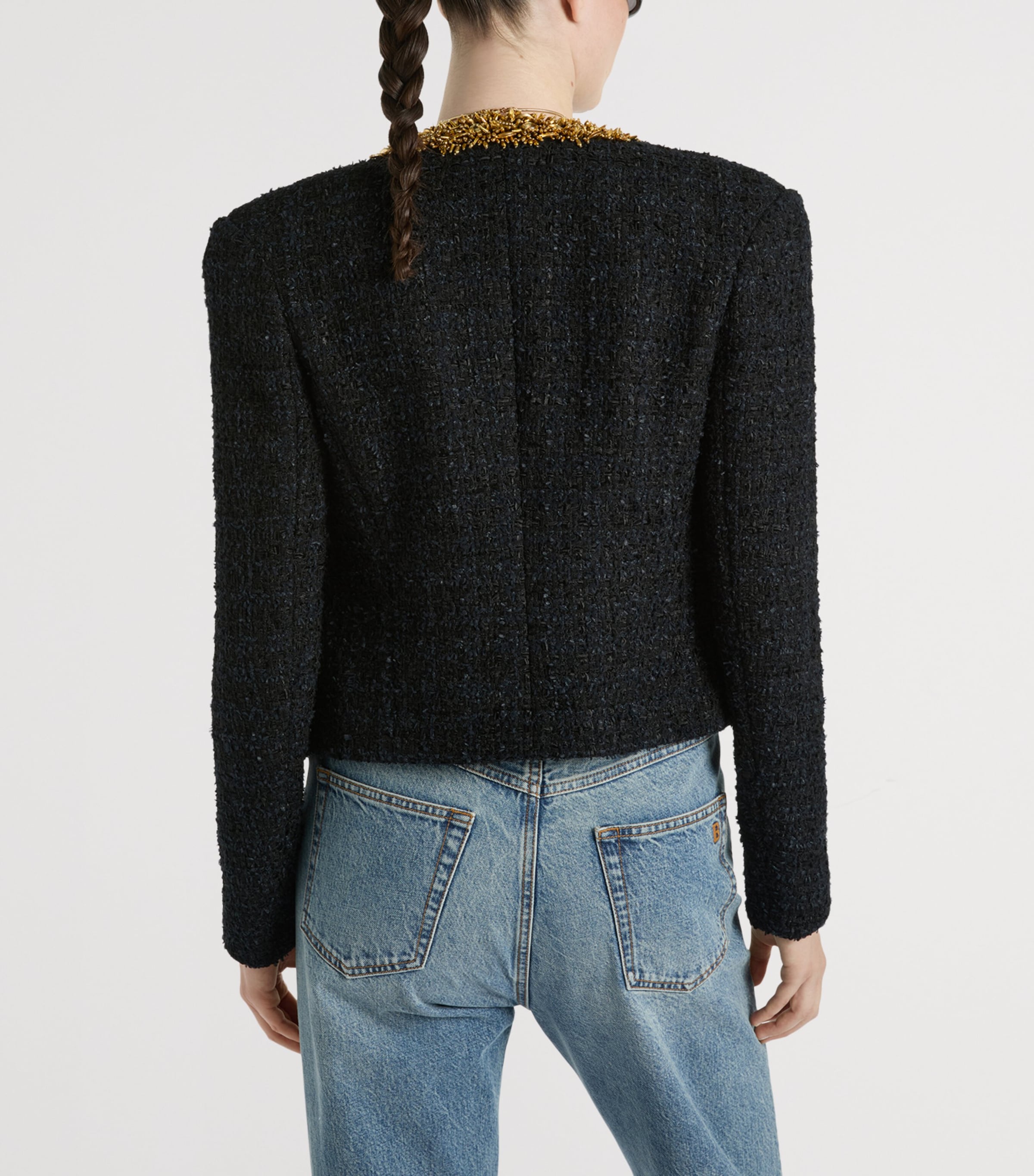 Balmain Womens Tweed Beaded-Trim Blazer Ead Noir Or Image 4
